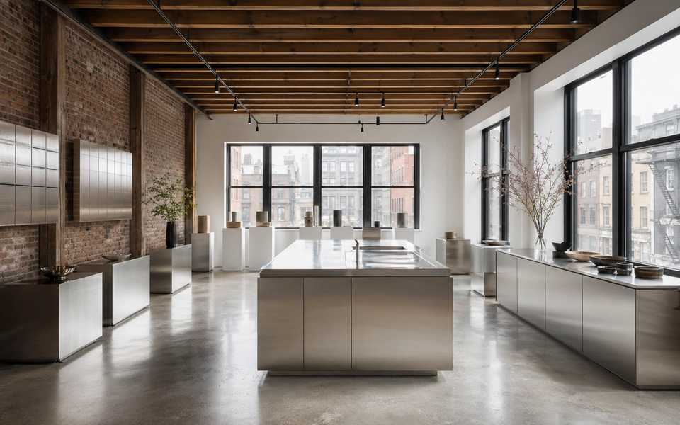 Fadior New York Flagship Showroom — stainless island, brick wall, concrete floor, oak ceiling — 304 stainless steel cabinetry installation by Fadior