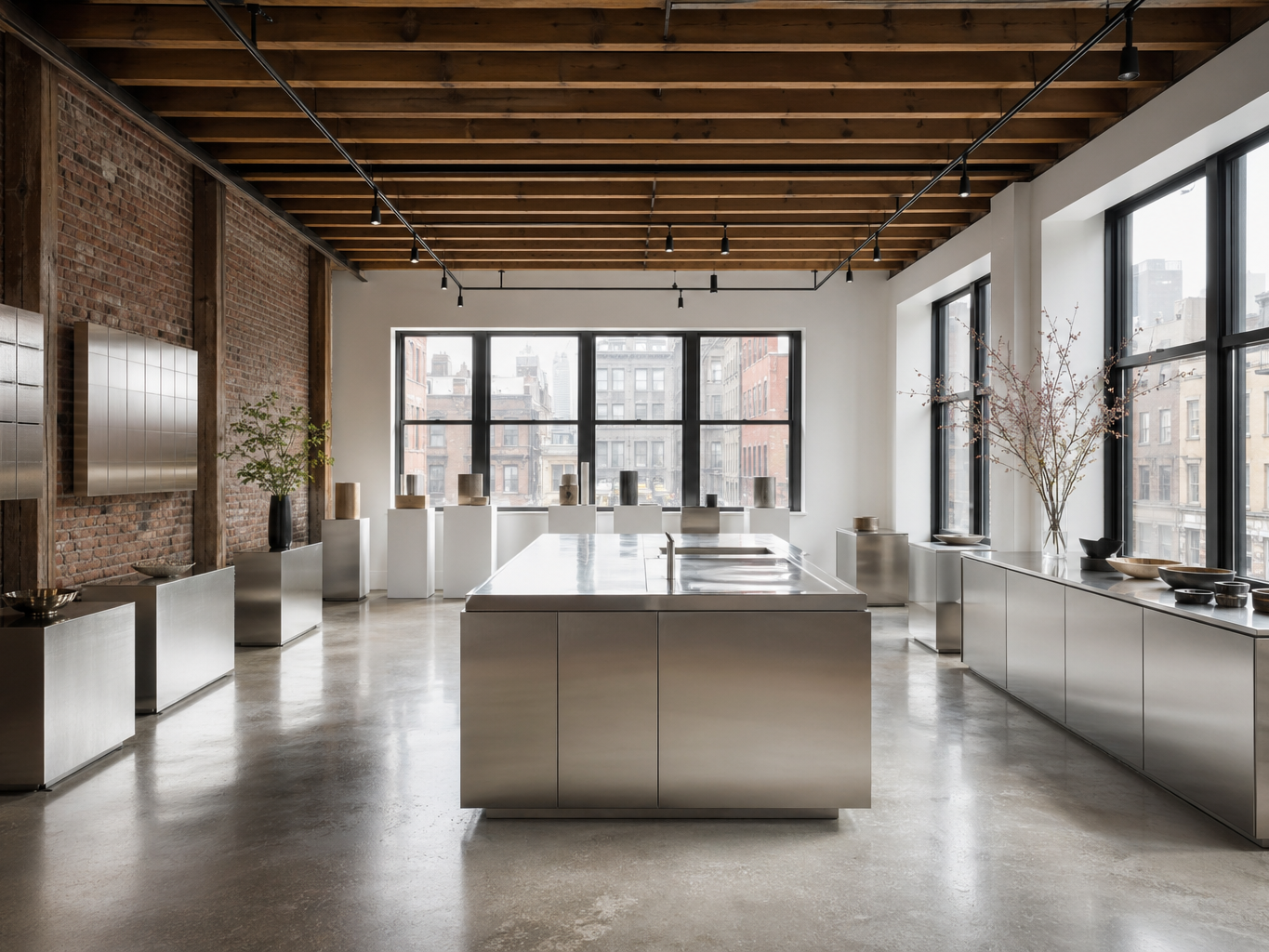 Fadior New York Flagship Showroom — stainless island, brick wall, concrete floor, oak ceiling