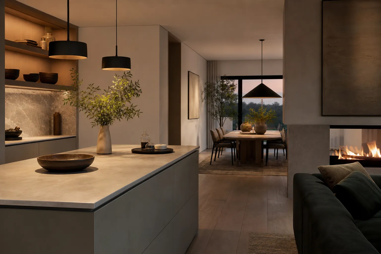 Lifestyle context: an open-plan kitchen and dining setting with muted cabinetry, oak accents, and calm evening hospitality.