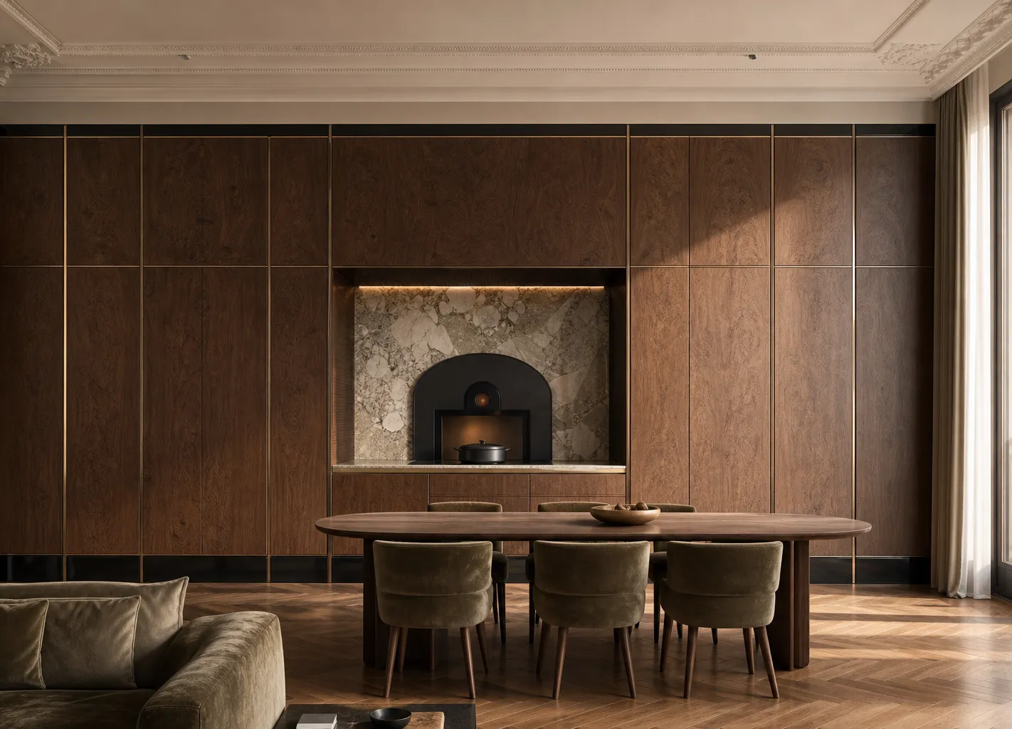 Fadior Terrazzo Wall Panel Suite with Artisan Oven Service Frieze — 304 stainless steel wall panel system, front view