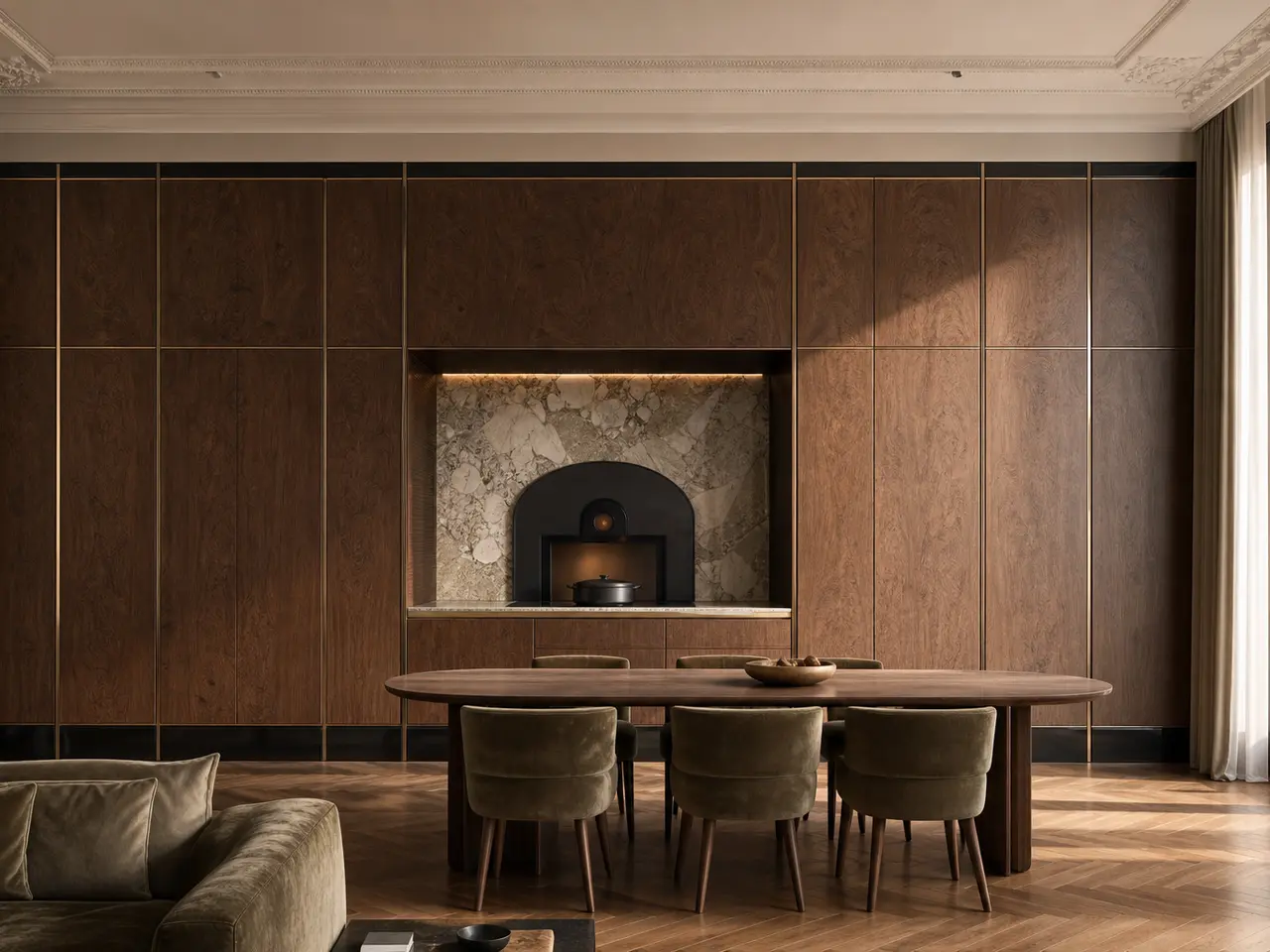 Fadior Terrazzo Wall Panel Suite with Artisan Oven Service Frieze - 304 stainless steel wall panel system with textured surfaces, shadow reveals, integrated lighting, and concealed doors