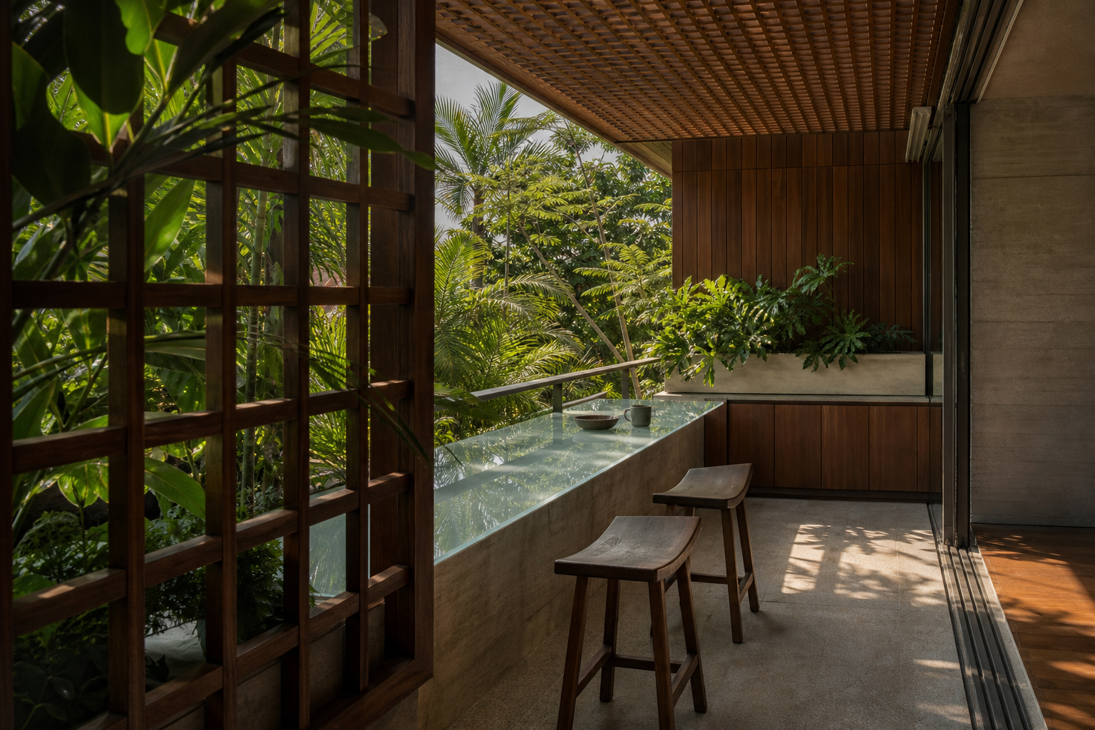 Fadior Aurora Mist Glass Breakfast Ledge — interior room context showing cabinet integration