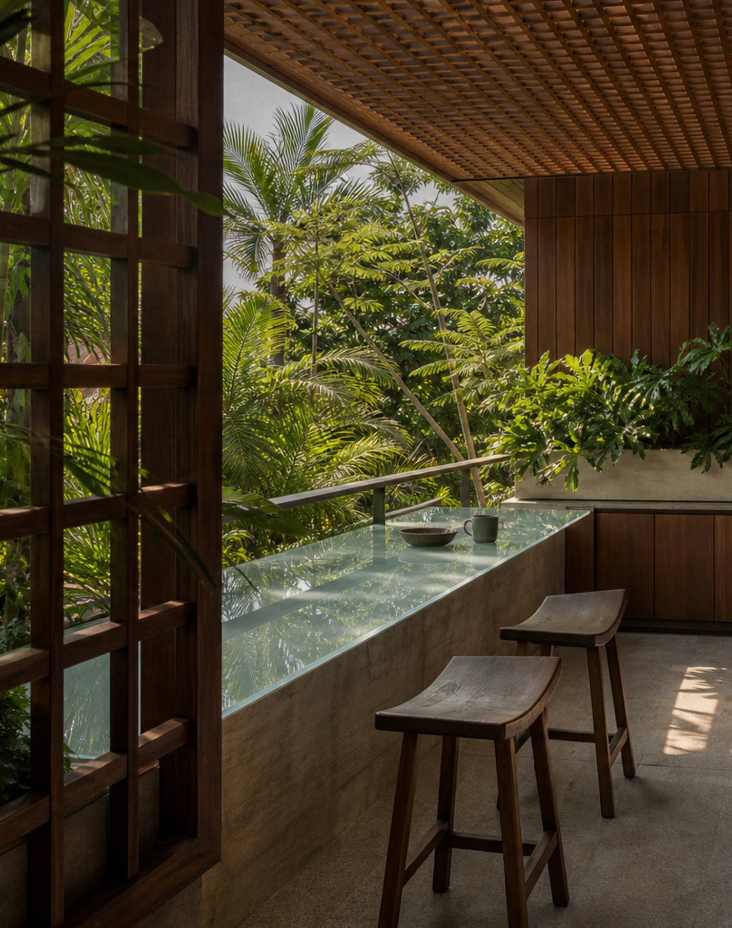 Fadior Aurora Mist Glass Breakfast Ledge — interior room context showing cabinet integration