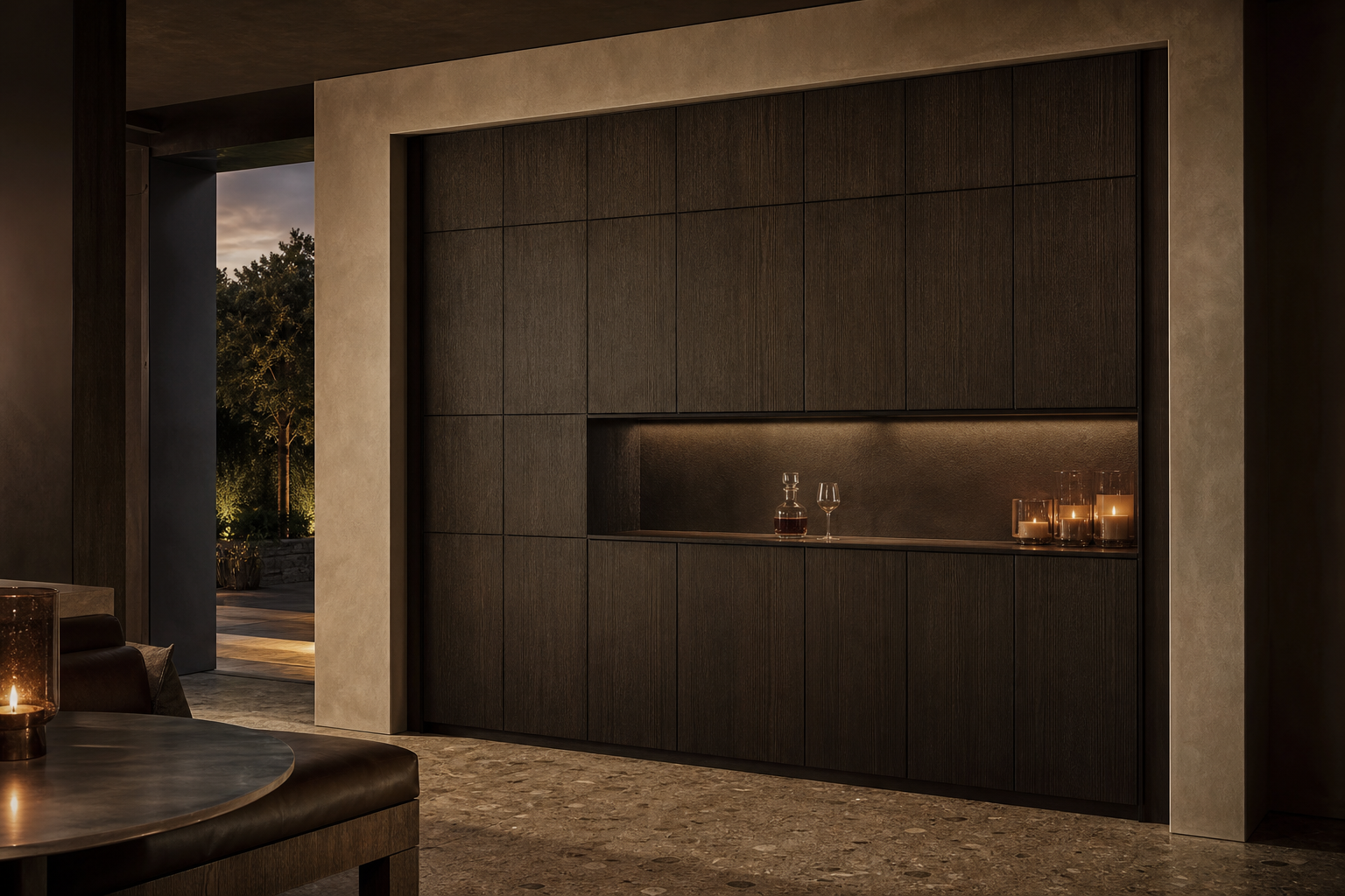 Fadior Grotto Wine Cabinet Suite with Smoked Oak Pouring Lounge — interior room context showing cabinet integration