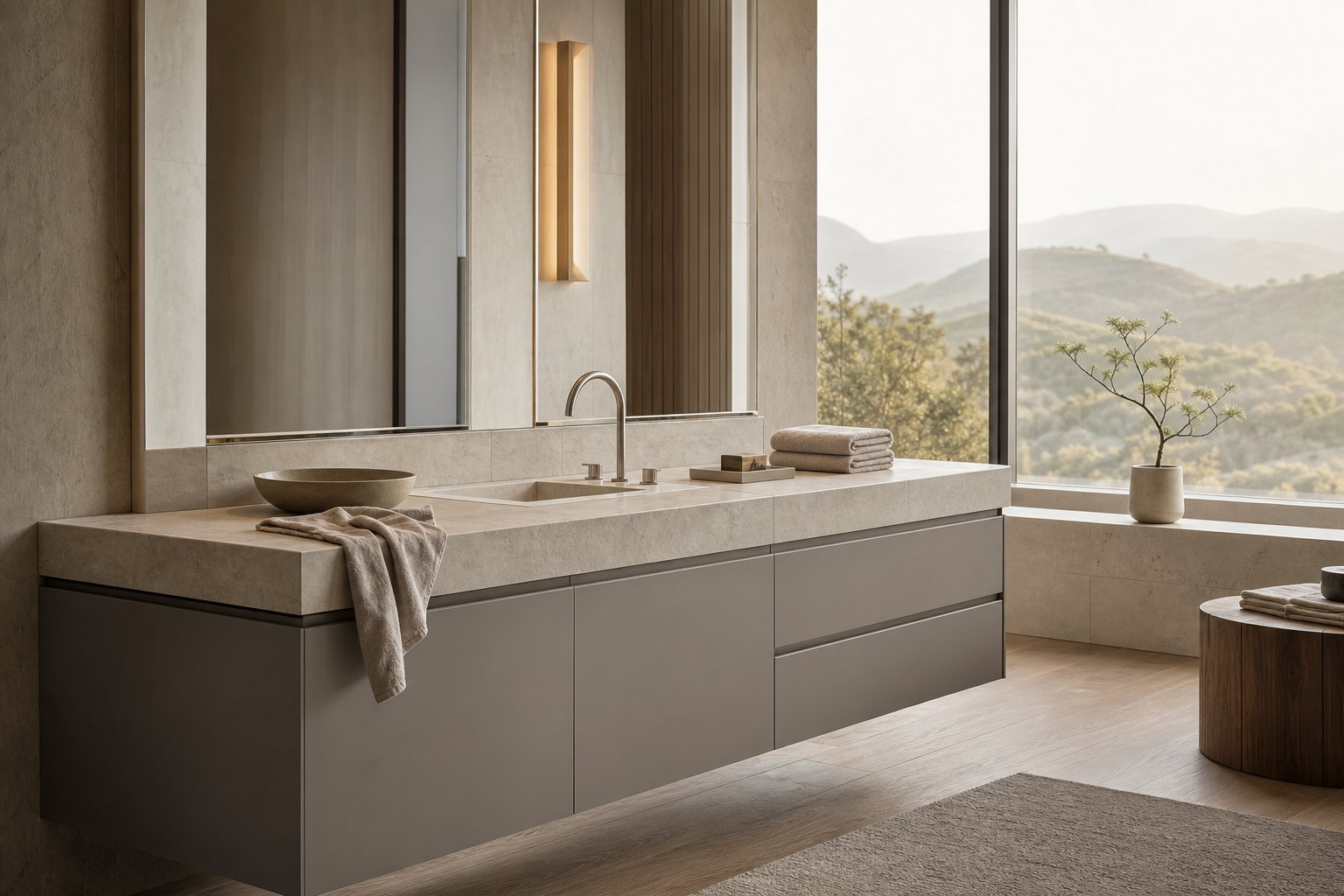 Fadior Nacre Bath and Vanity Suite with Opal Rainline Grooming Terrace — lifestyle setting with natural light and