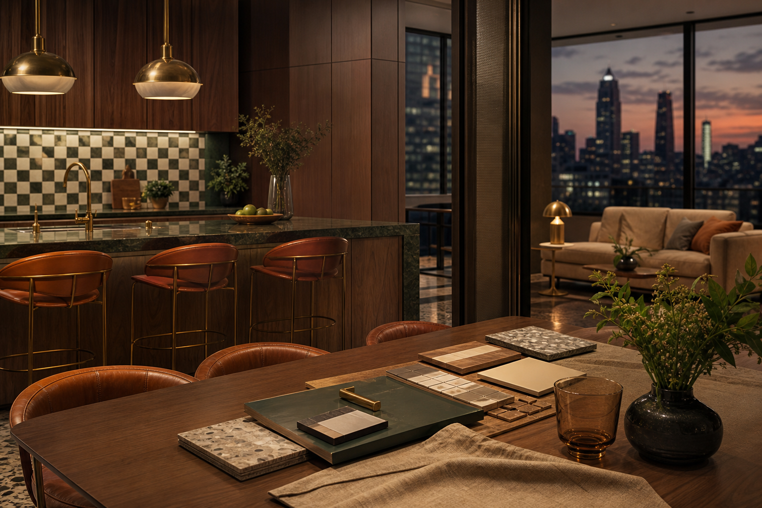 Dining table and kitchen setting prepared for a family material-selection conversation.