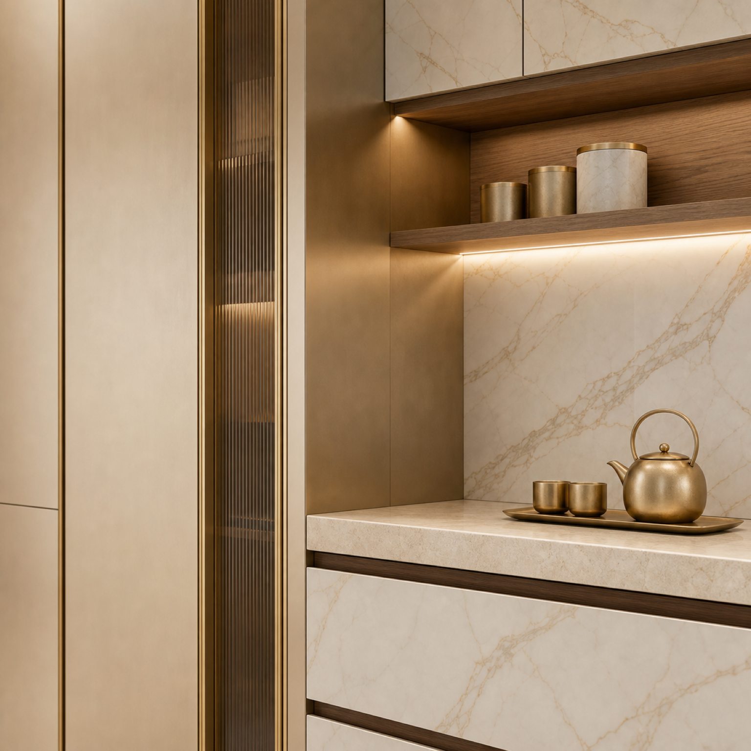 Fadior Pavilion Kitchen Suite with Cove Tea Pantry Wall — close-up of stainless steel finish and hardware detail