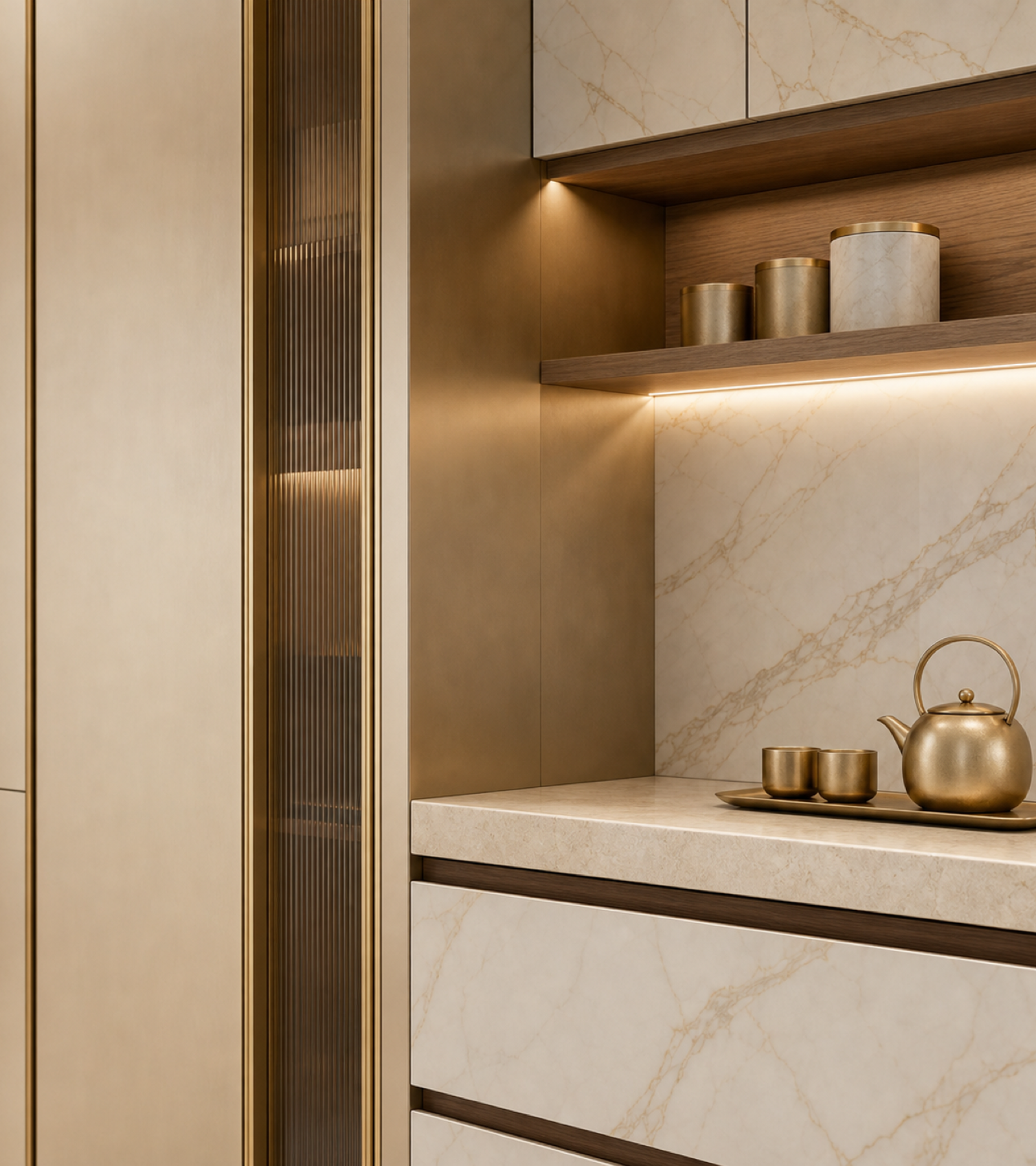 Fadior Pavilion Kitchen Suite with Cove Tea Pantry Wall — close-up of stainless steel finish and hardware detail