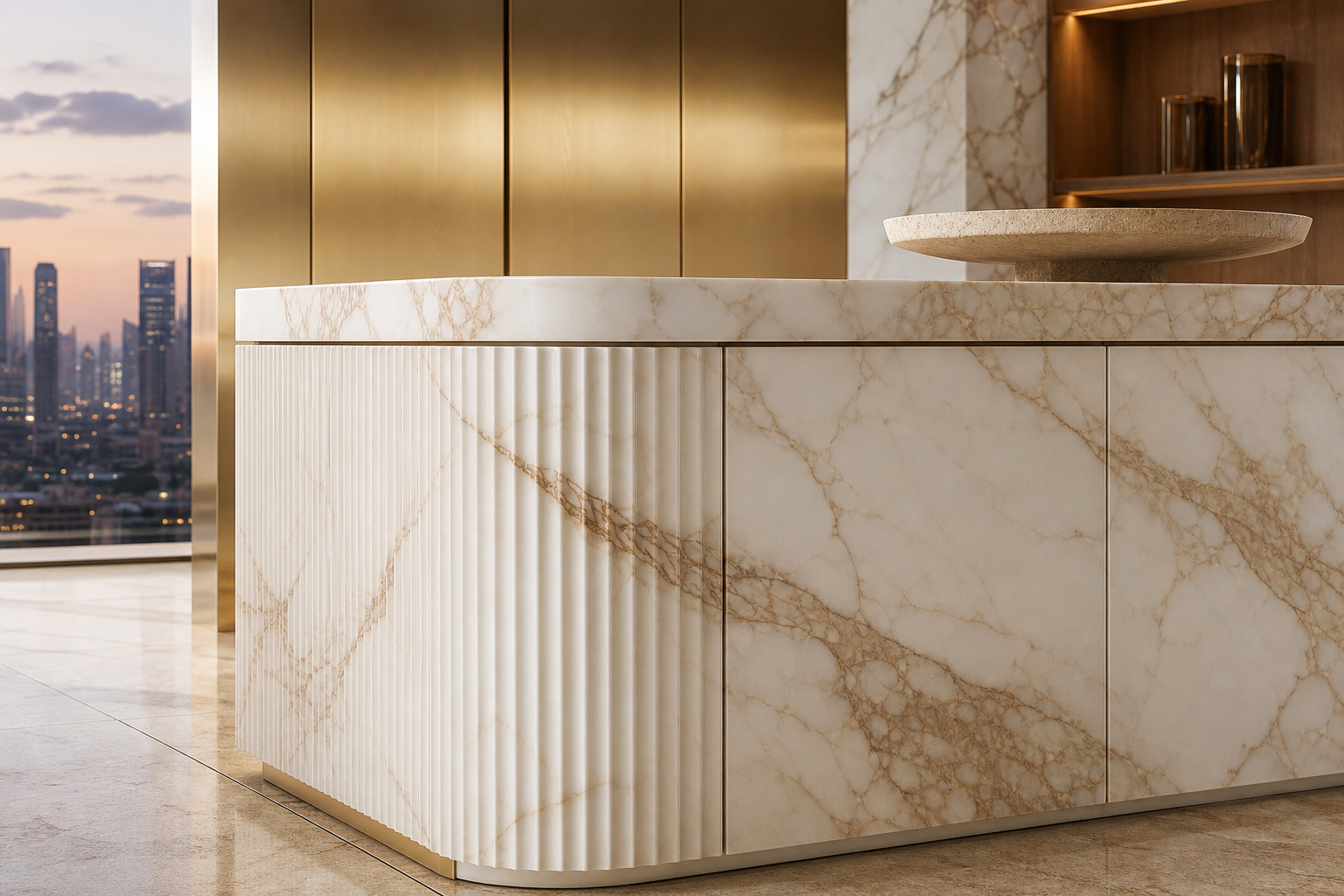 Fadior Atelier Kitchen Suite with Fluted Stone Breakfast Alcove — close-up of stainless steel finish and hardware detail