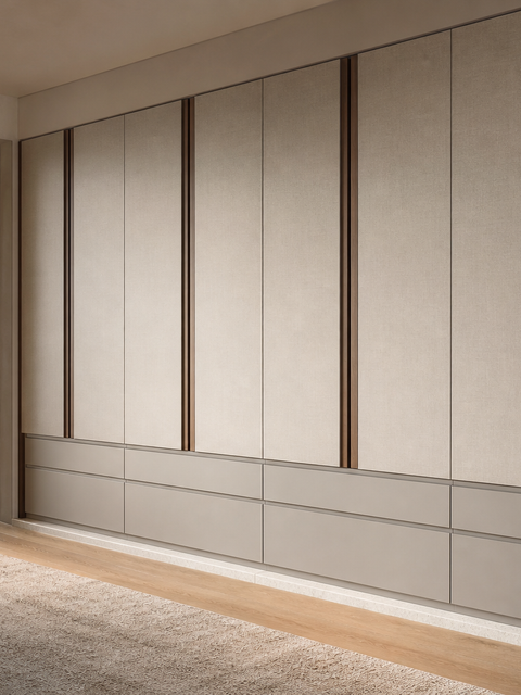 Fadior Lumiere Wardrobe Suite with Cafe Finish Valet Datum — 304 stainless steel wardrobe system, front view