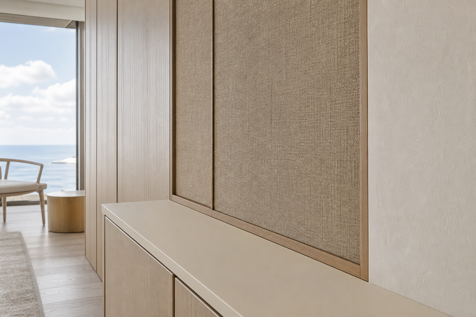 Fadior Canopy Wardrobe Suite with Cool-Touch Packing Niche — close-up of stainless steel finish and hardware detail
