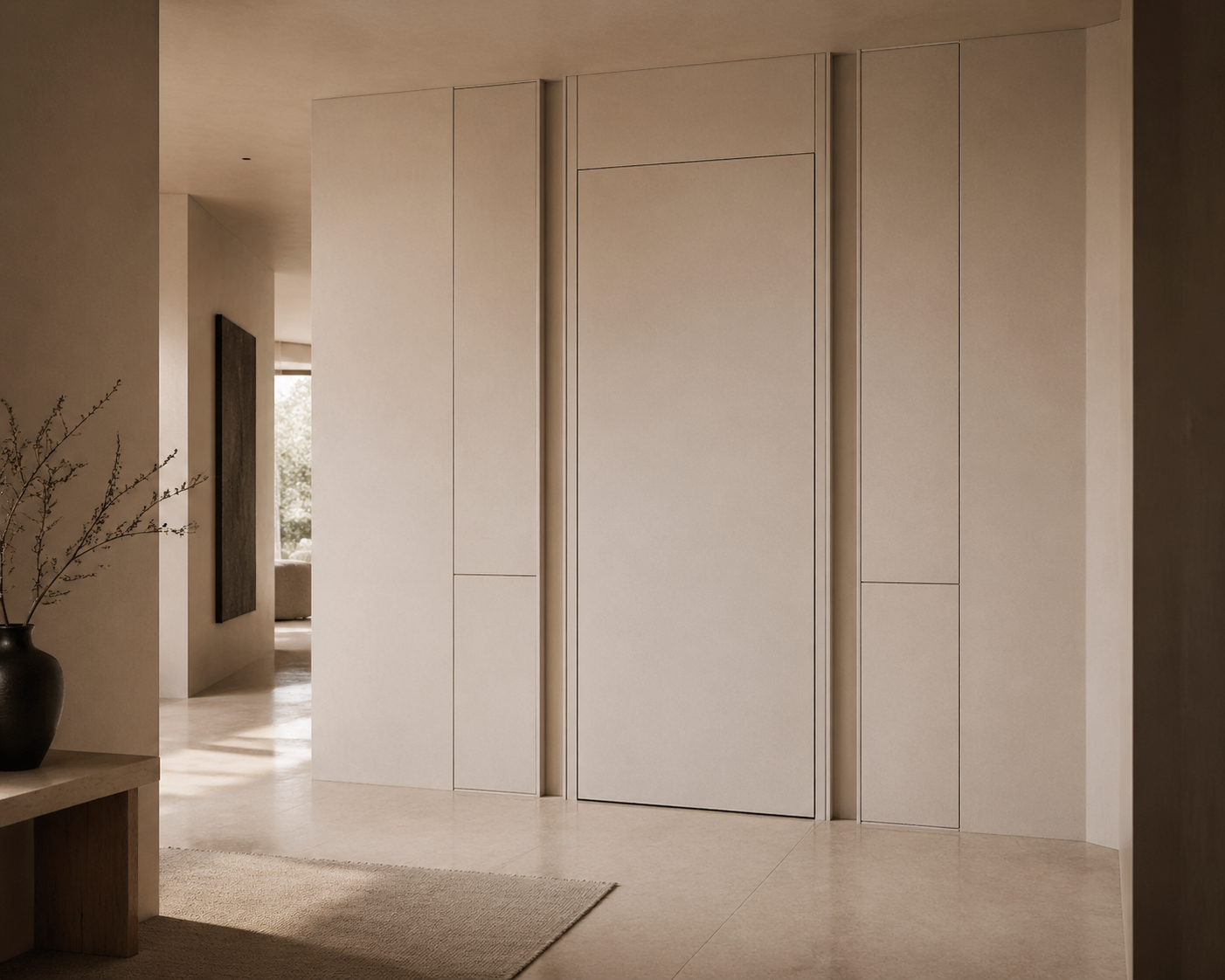 Fadior Silhouette Interior Door Suite with Ribbon Reveal Pivot Portal — lifestyle setting with natural light and residential styling