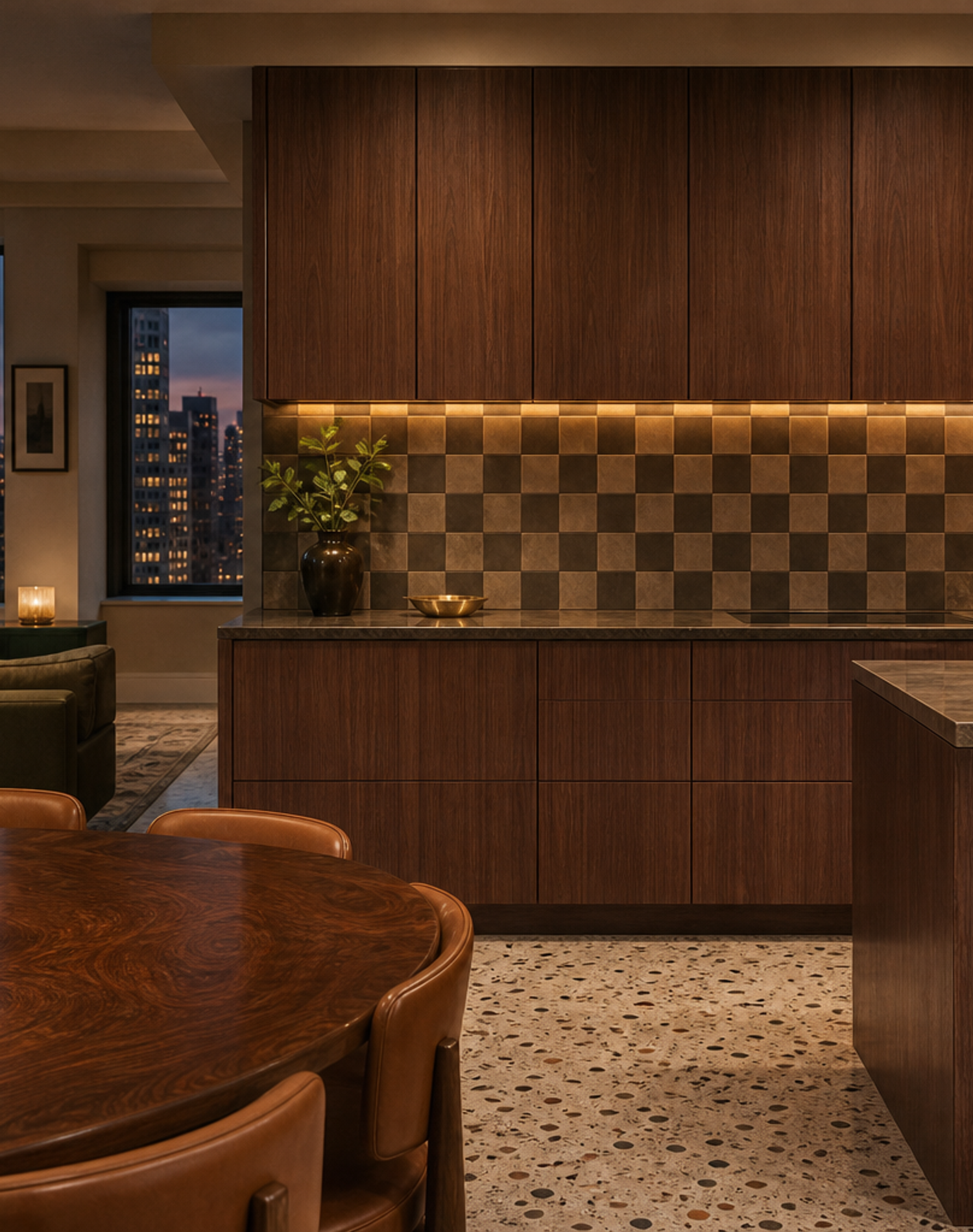 Fadior Forge Kitchen Suite with Walnut Checkerboard Prep Wall — lifestyle setting with natural light and residential styling