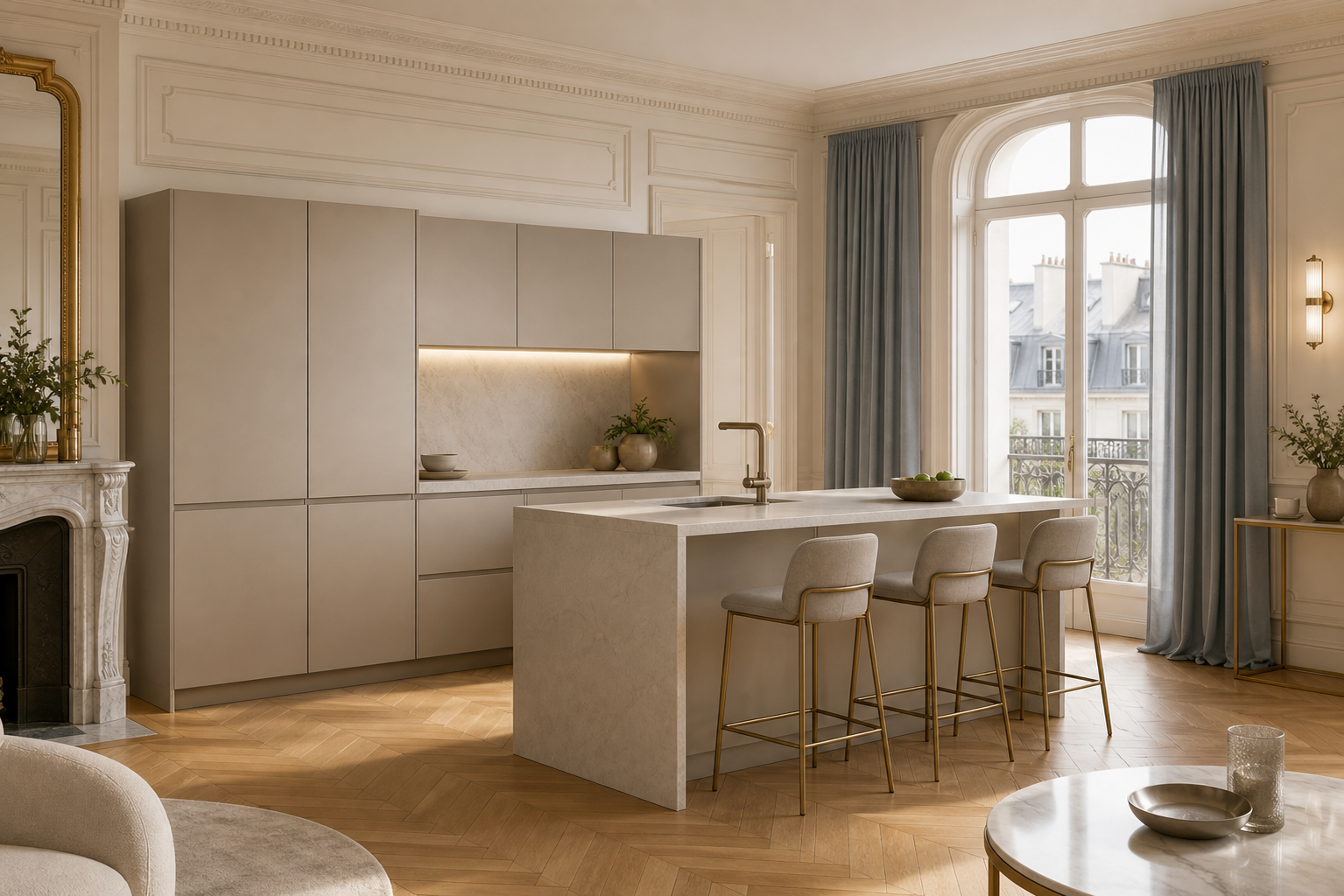 Fadior Continuum Kitchen Suite with Rooftop Champagne Peninsula — interior room context showing cabinet integration