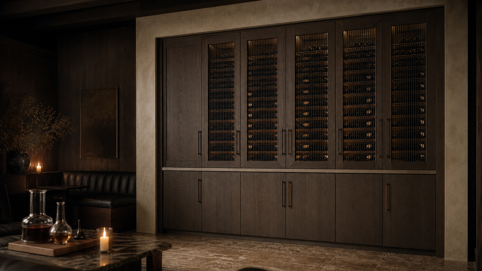Fadior Grotto Wine Cabinet Suite with Cove Decanter Pantry — lifestyle setting with natural light and residential styling