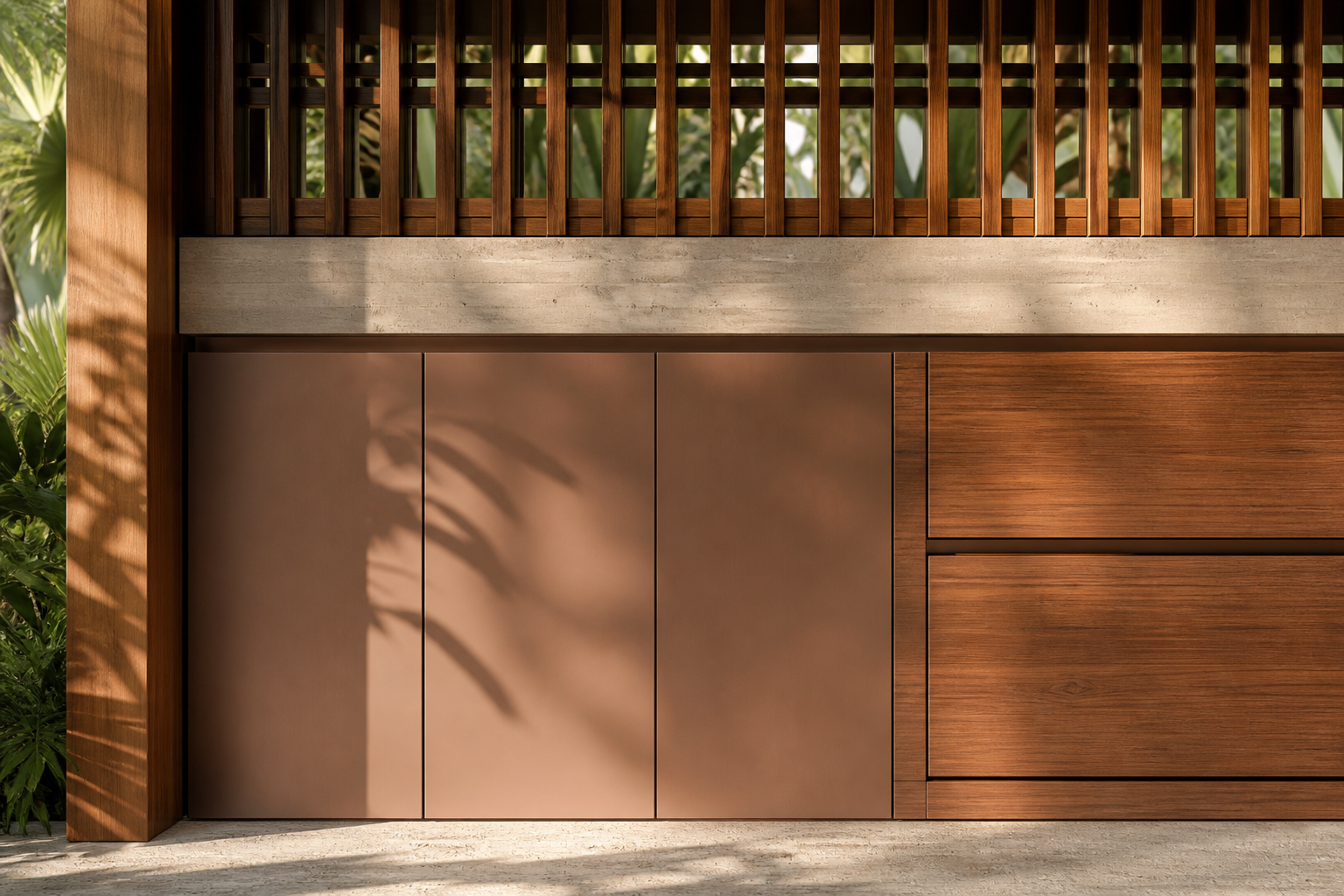 Fadior Vantage Outdoor Kitchen Suite with Copper Mist Bar Alcove — close-up of stainless steel finish and hardware detail