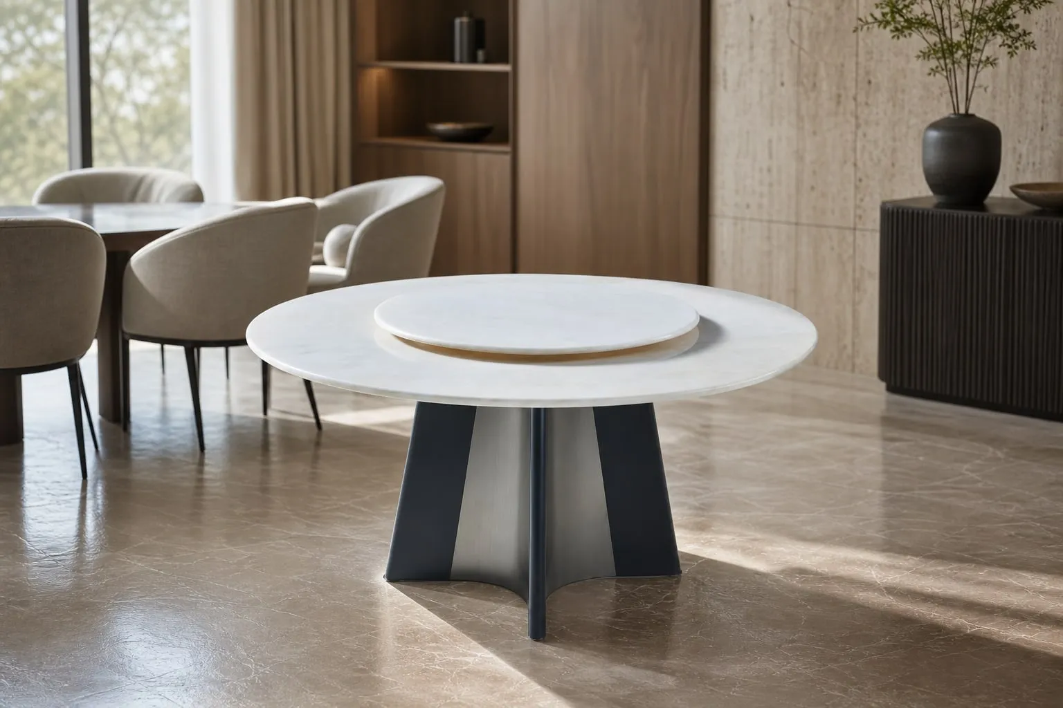 Splayed-Pedestal Marble Dining Table Ø150+Ø90 cm