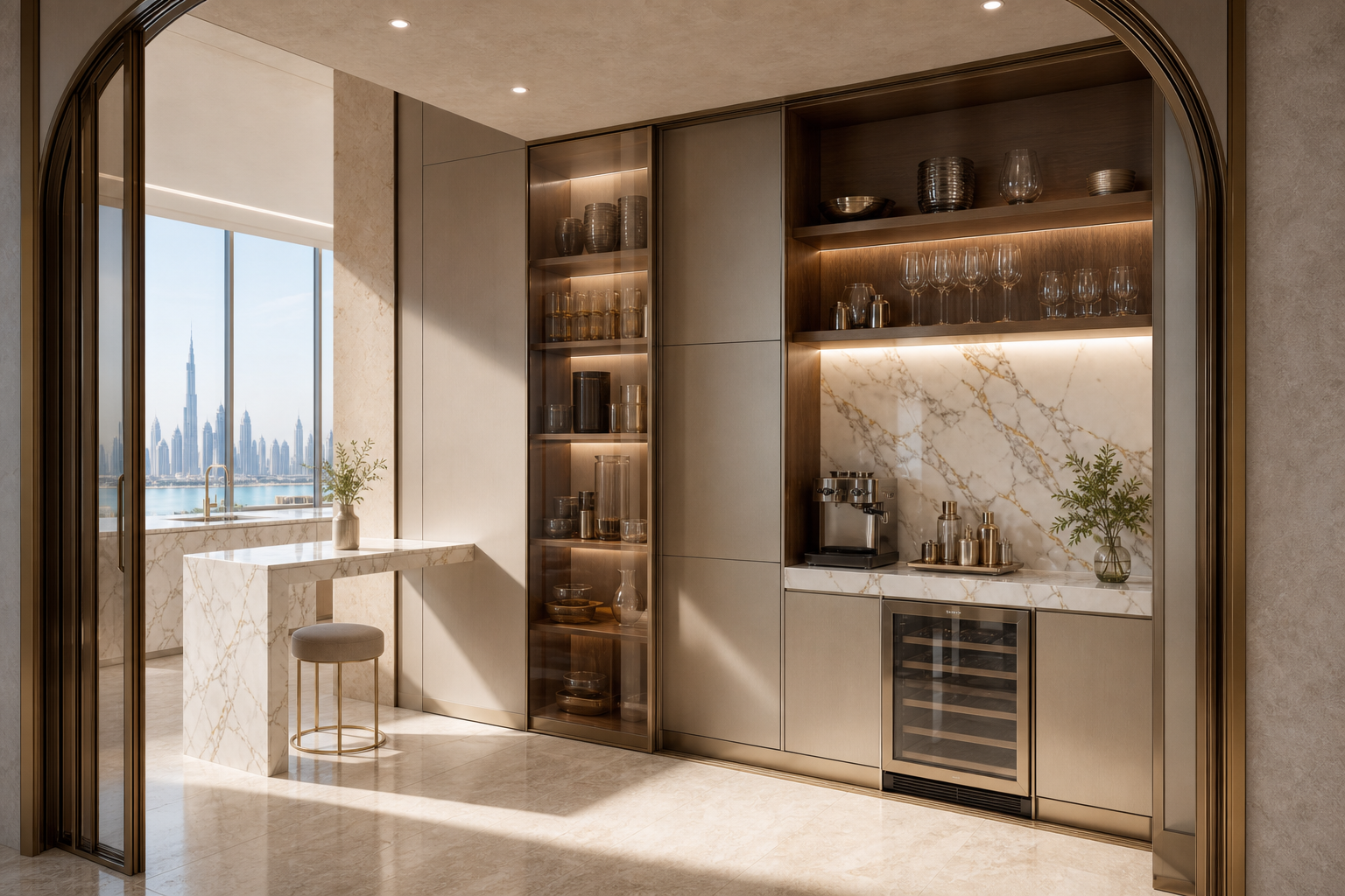 Fadior Dubai 120 sqm Kitchen Penthouse - pantry wall, bar counter, glass shelves, city window