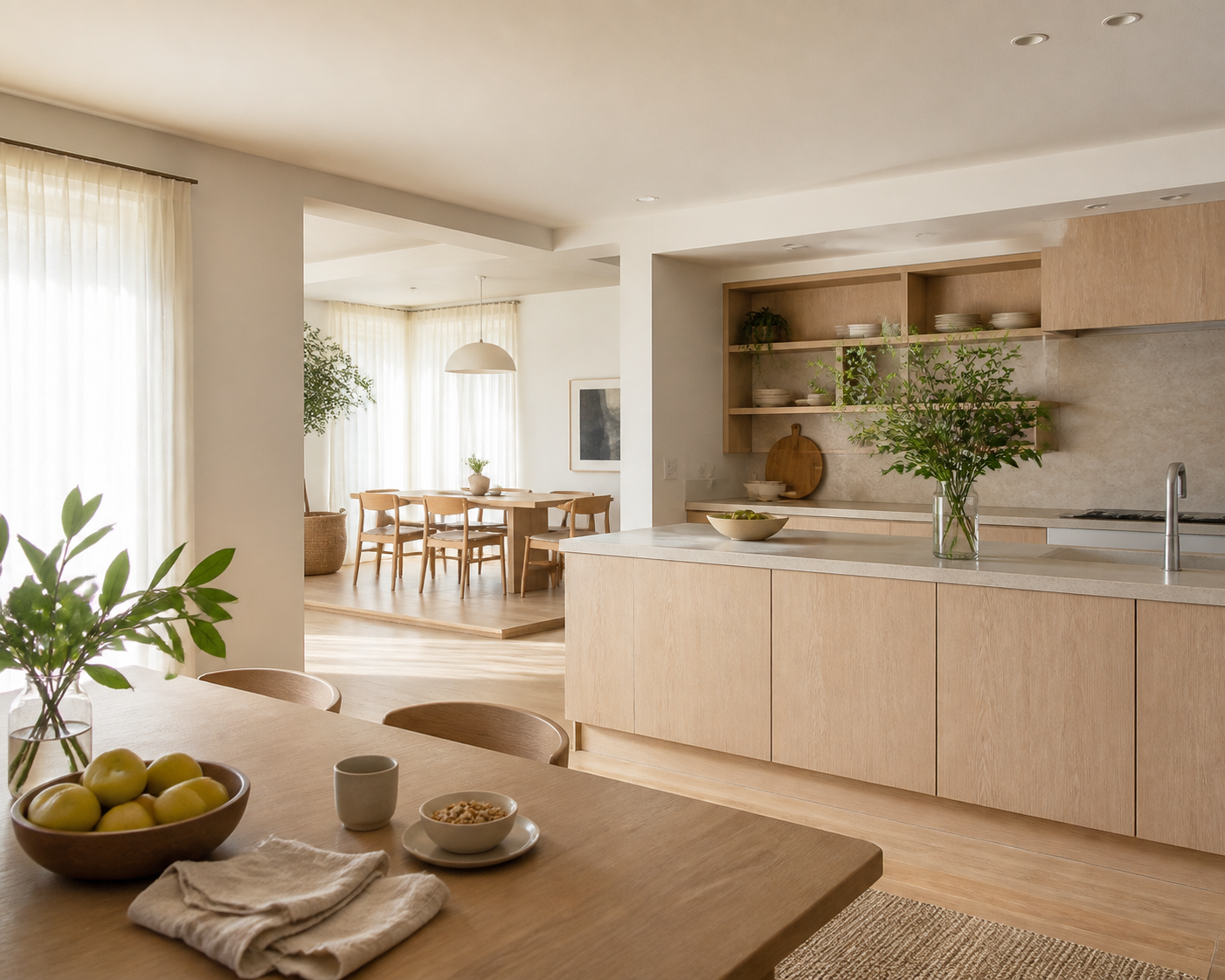 Quiet weekend breakfast table beside a warm-white kitchen with pale timber tones and morning light.