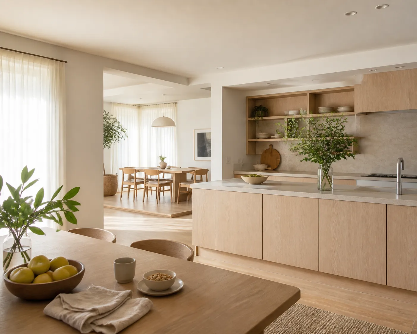 Quiet weekend breakfast table beside a warm-white kitchen with pale timber tones and morning light.