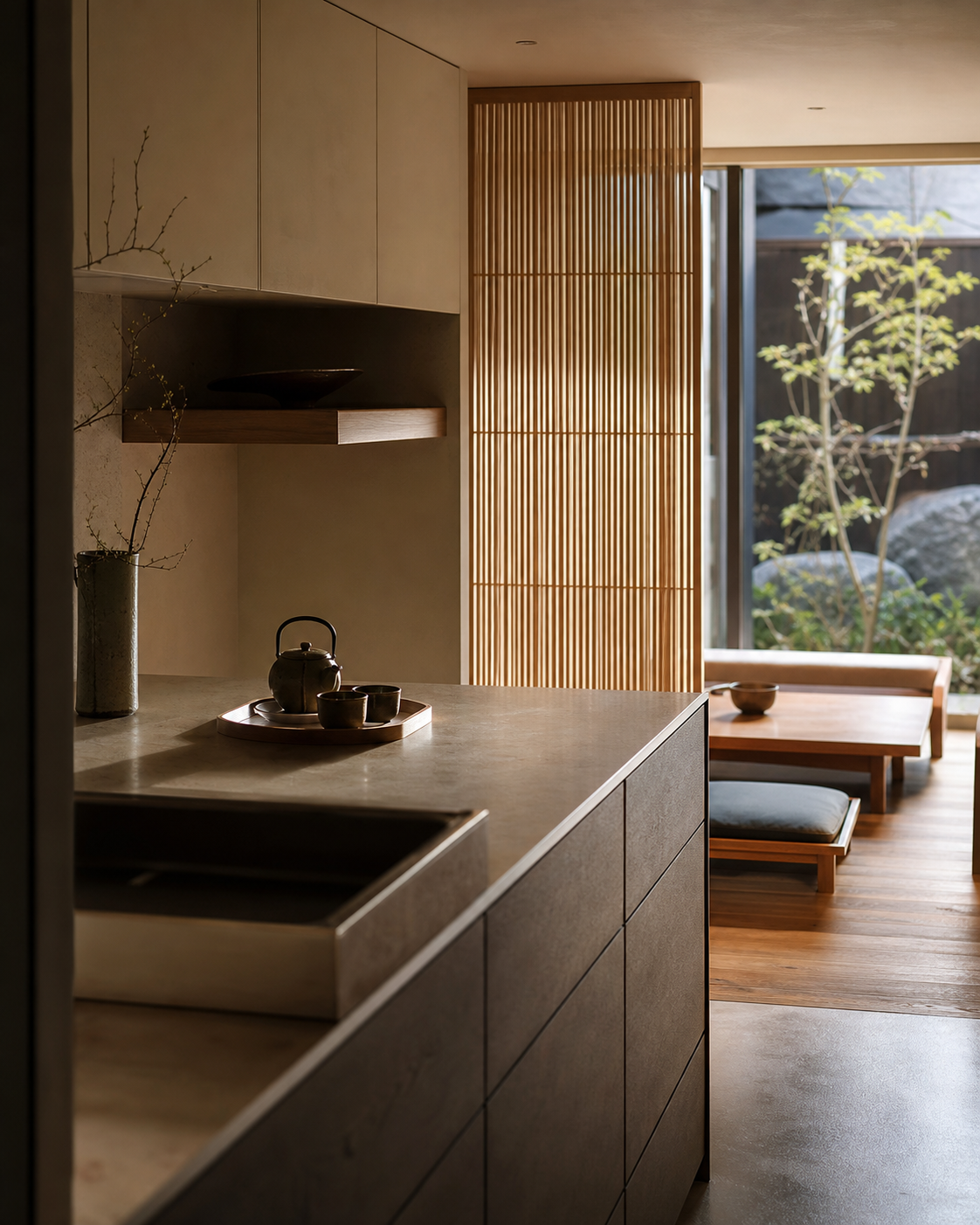 Fadior Tokyo 85 sqm Kitchen Apartment — ivory counter, dining bench, courtyard window, lower cabinets