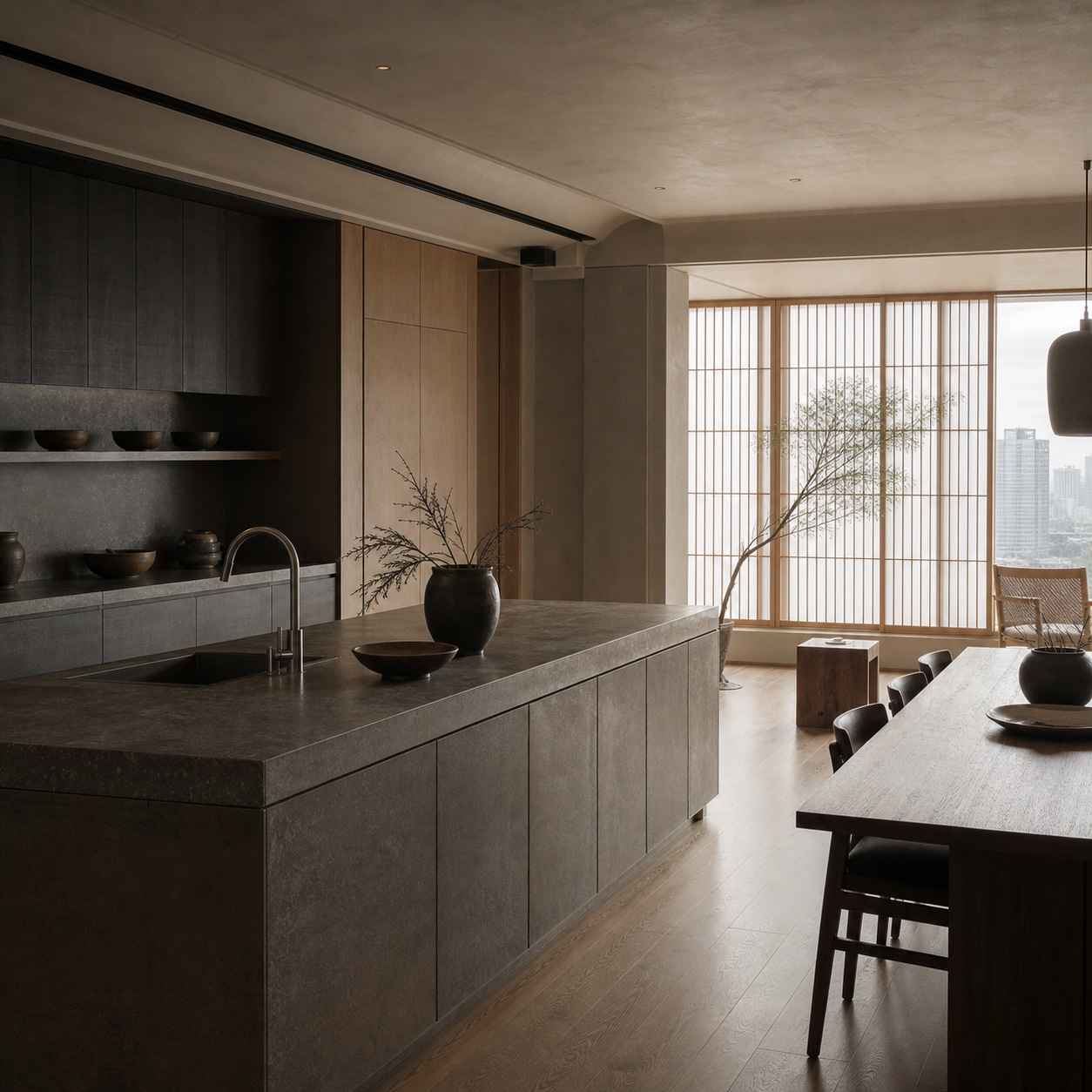 Fadior Shanghai 200 sqm Kitchen Penthouse — Shanghai kitchen workspace with island counter, sink, cabinet wall, ceramic bowls, wood lattice window, and dining table