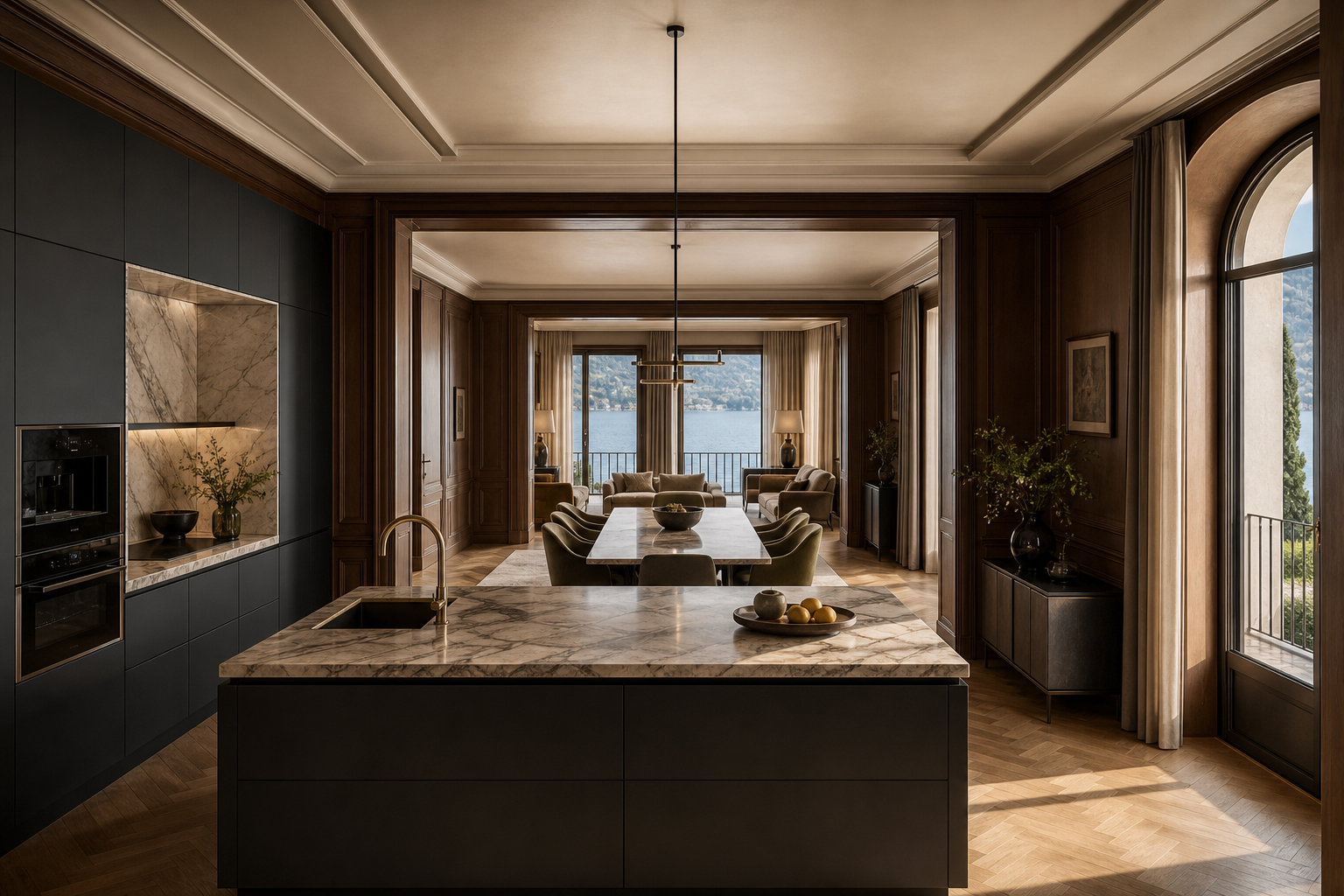Fadior Como 280 sqm Kitchen Villa — Como living kitchen integration with island counter, dining table, lounge room,