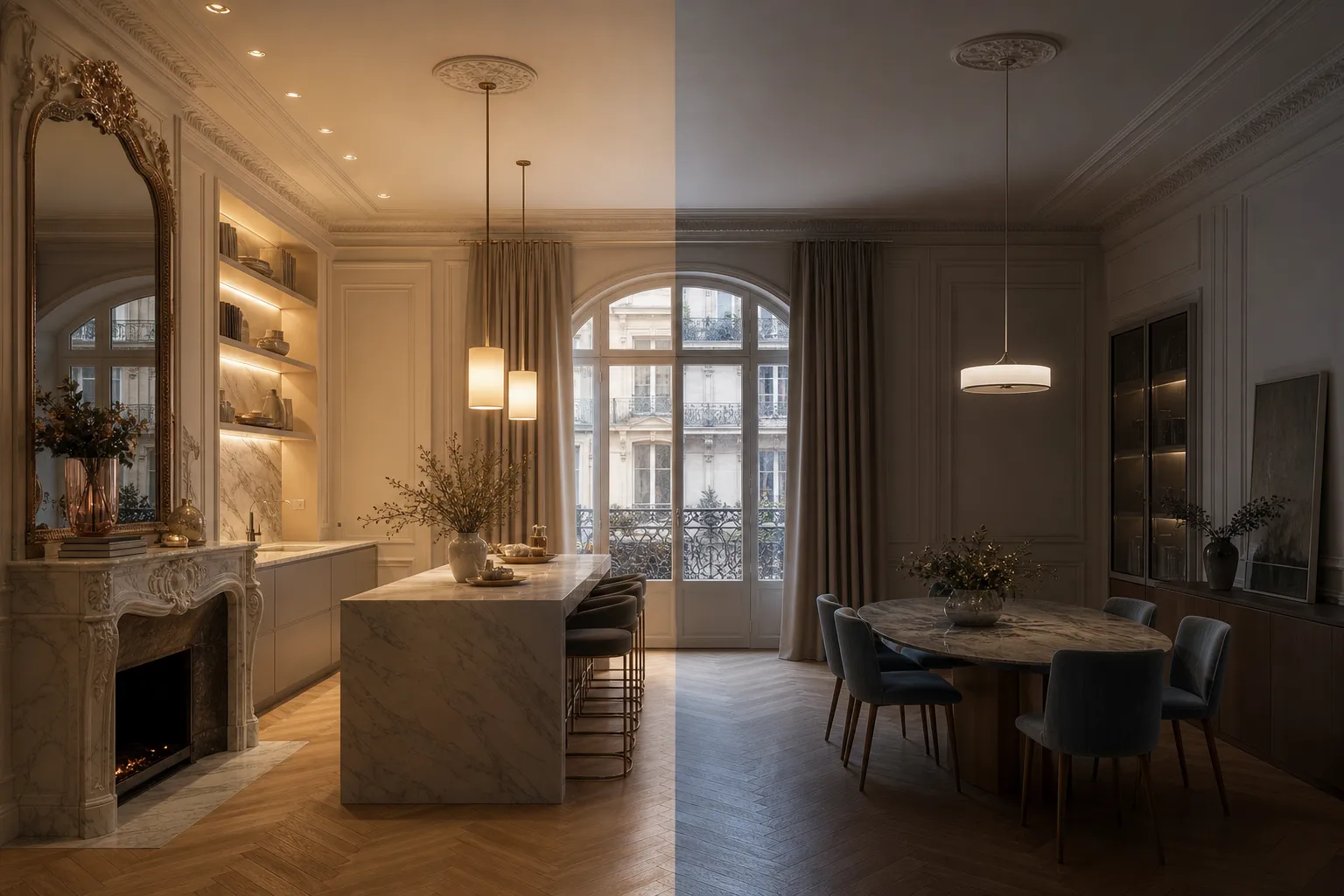 Paris kitchen comparison scene showing warm layered light versus flat overhead glow for buyer decisions.