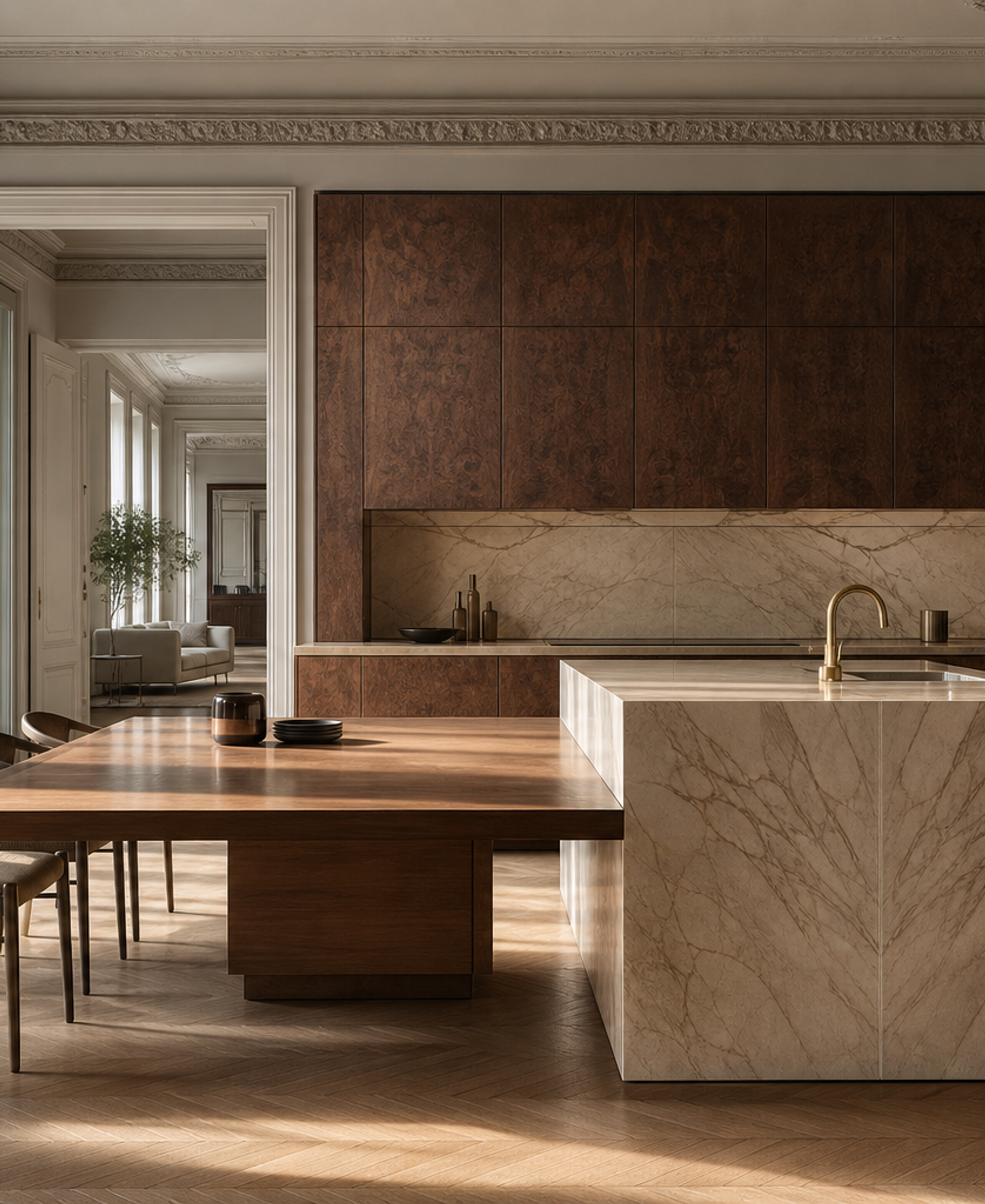 Fadior Pavilion Kitchen Suite with Bamboo Cantilever Island — 304 stainless steel kitchen system, front view