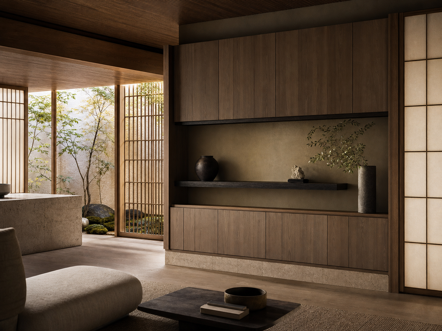 Fadior Veneto Living Room Suite with Olive Plaster Curio Console — interior room context showing cabinet integration