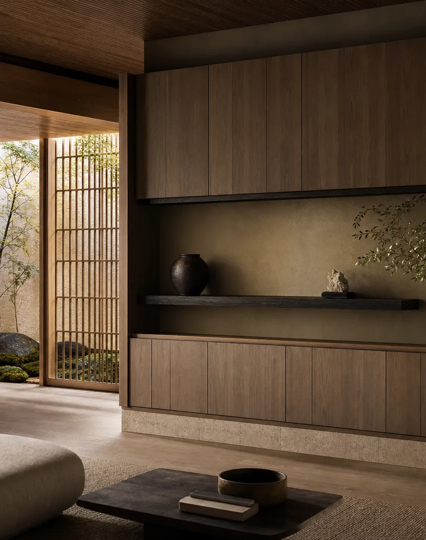 Fadior Veneto Living Room Suite with Olive Plaster Curio Console — interior room context showing cabinet integration