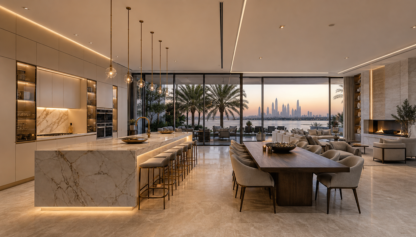 Fadior Dubai 450 sqm Kitchen Villa — marble island, walnut dining table, glass wall, palm terrace, skyline