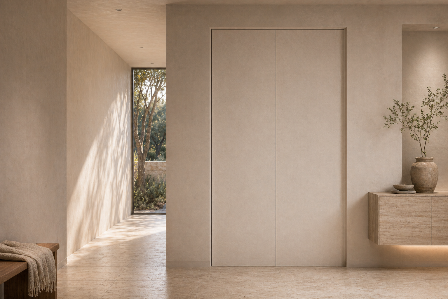 Fadior Alabaster Interior Door Suite with Shadow Reveal Pivot Pair — lifestyle setting with natural light and residential styling