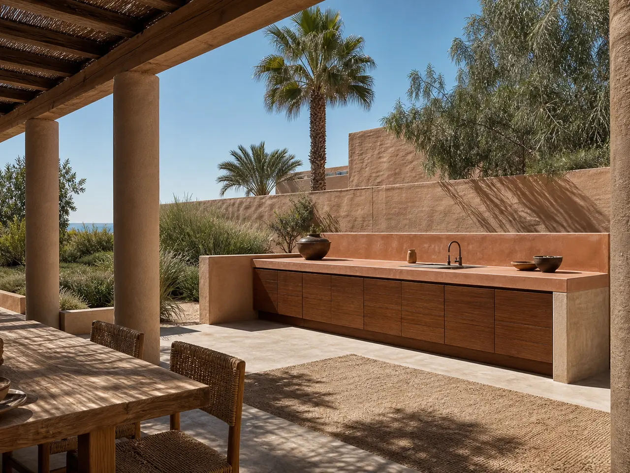 Fadior Horizon Outdoor Kitchen Suite with Cypress Service Courtyard - 304 stainless steel outdoor kitchen cabinetry with grill, sink, prep counter, weather-ready storage, and open-air use