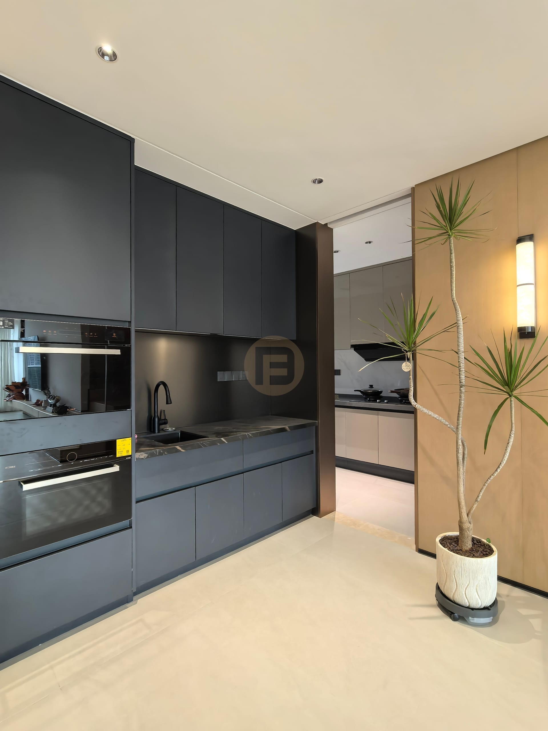 Matte black stainless steel kitchen wall with integrated ovens opening to a champagne-lacquer galley kitchen
