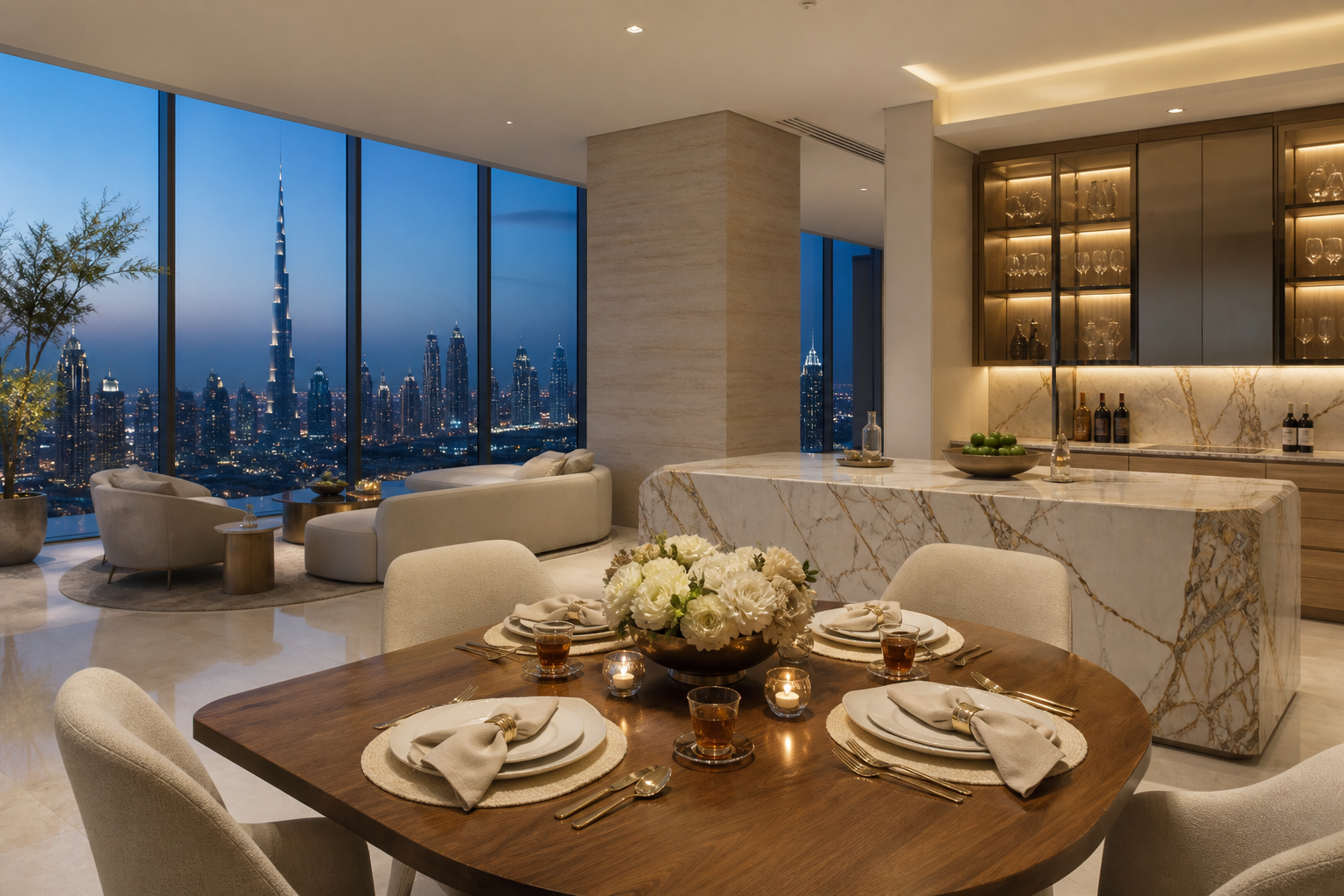 Fadior Dubai Penthouse Water Ritual Kitchen — Walnut dinner table, marble island, lounge seating, cabinet shelves,