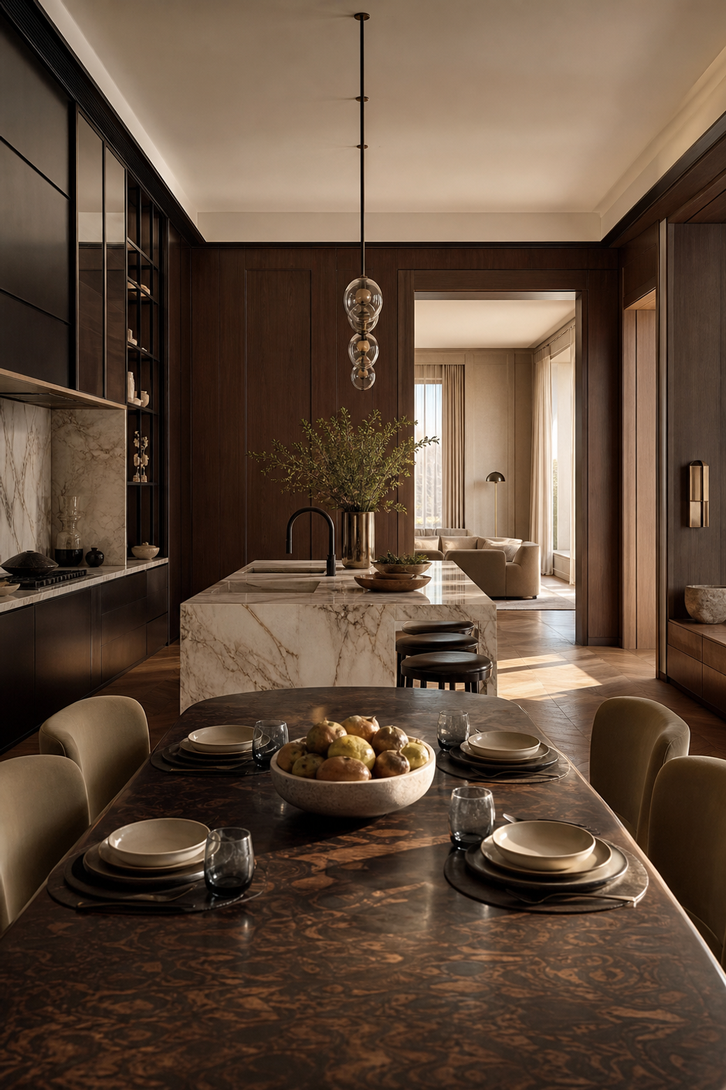 Lifestyle context: tailored apartment kitchen and dining room for a busy family cooking routine.