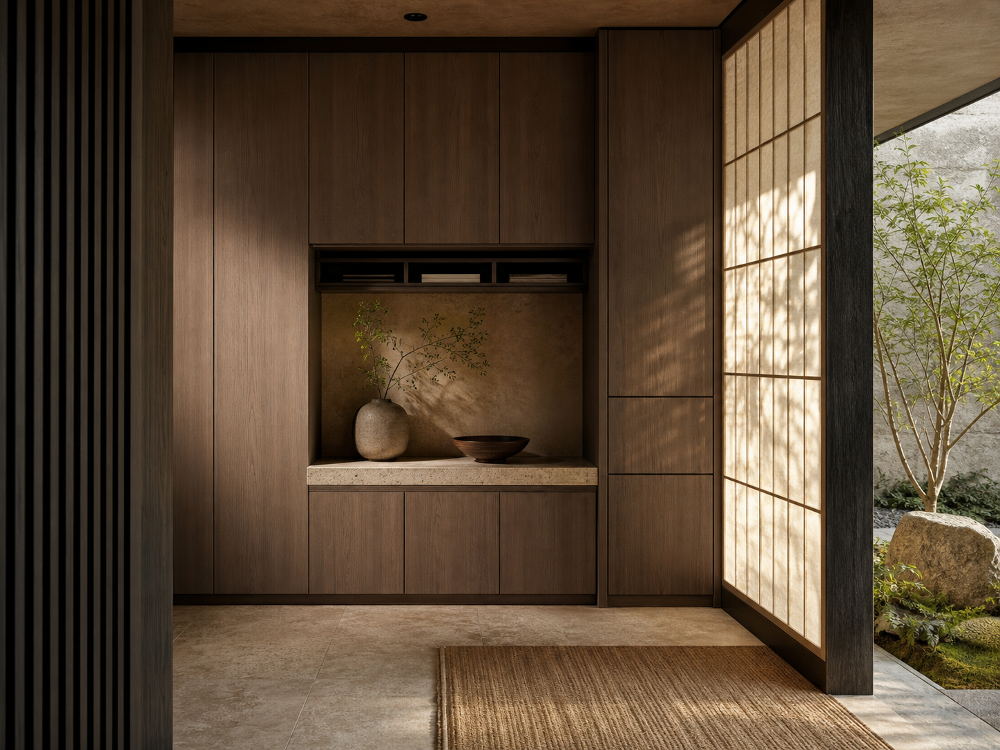 Fadior Loggia Entryway Suite with Cane Mail Bench Alcove — interior room context showing cabinet integration