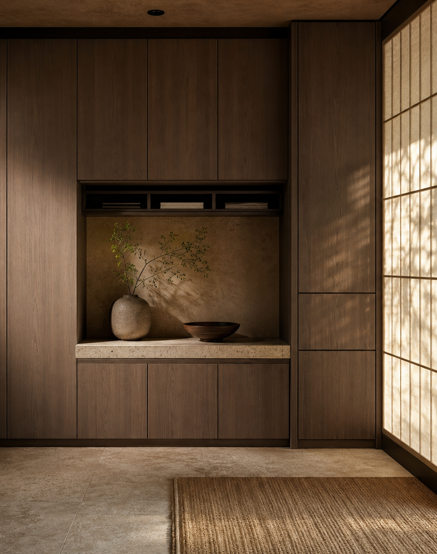 Fadior Loggia Entryway Suite with Cane Mail Bench Alcove — interior room context showing cabinet integration