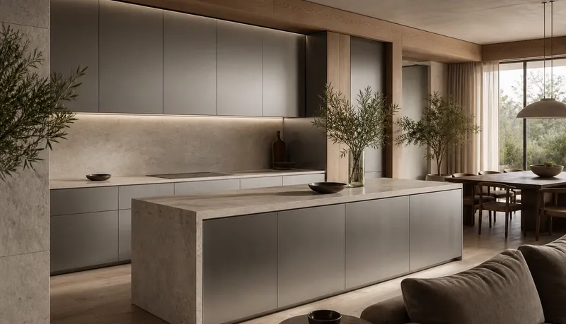 Fadior Kitchen comparison atmosphere: warm oak tones, pale stone, — 304 stainless steel cabinetry editorial by Fadior
