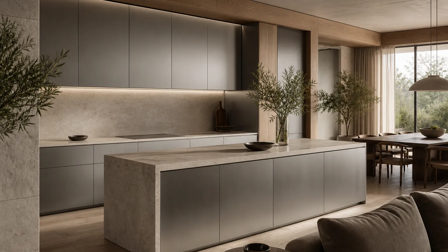 Fadior Kitchen comparison atmosphere: warm oak tones, pale stone,
