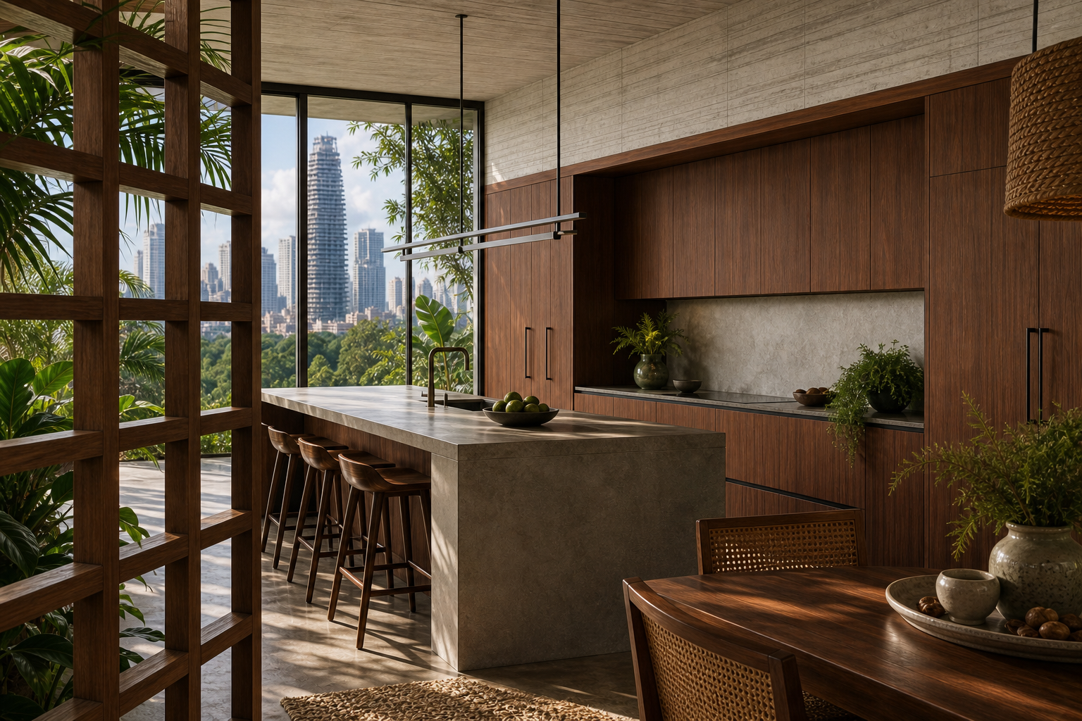 Fadior Singapore Skyline Penthouse — Singapore kitchen workspace with concrete island, hardwood cabinet wall, skyline window,