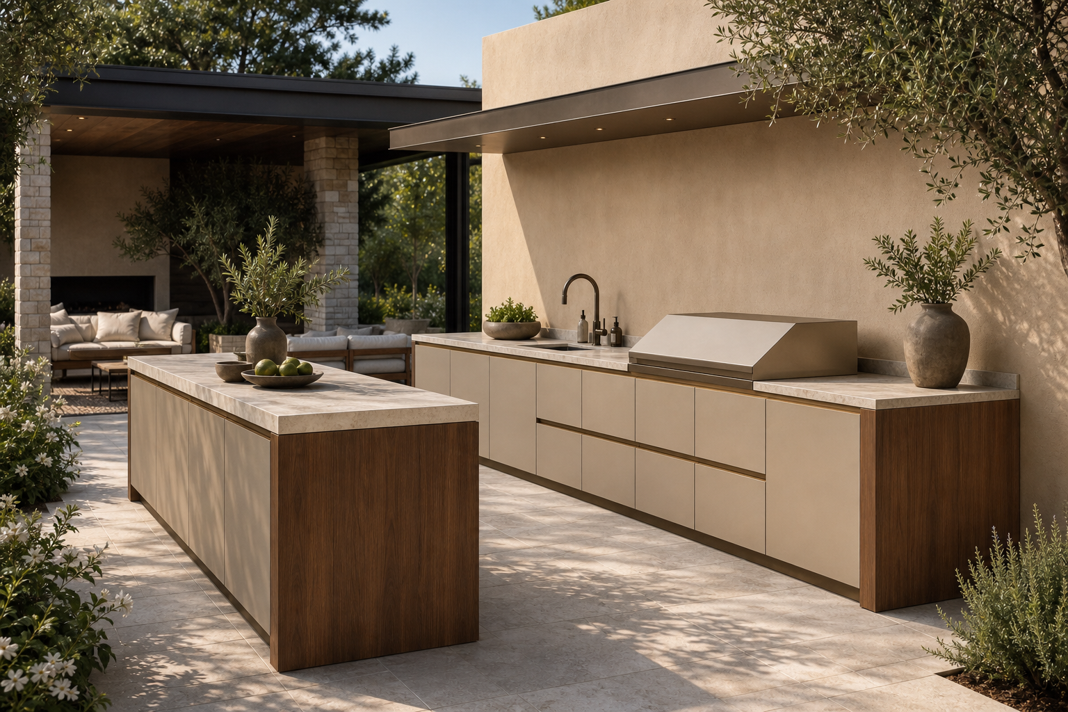 Fadior Vantage Outdoor Kitchen Suite with Pavilion Prep Wall — lifestyle setting with natural light and residential styling