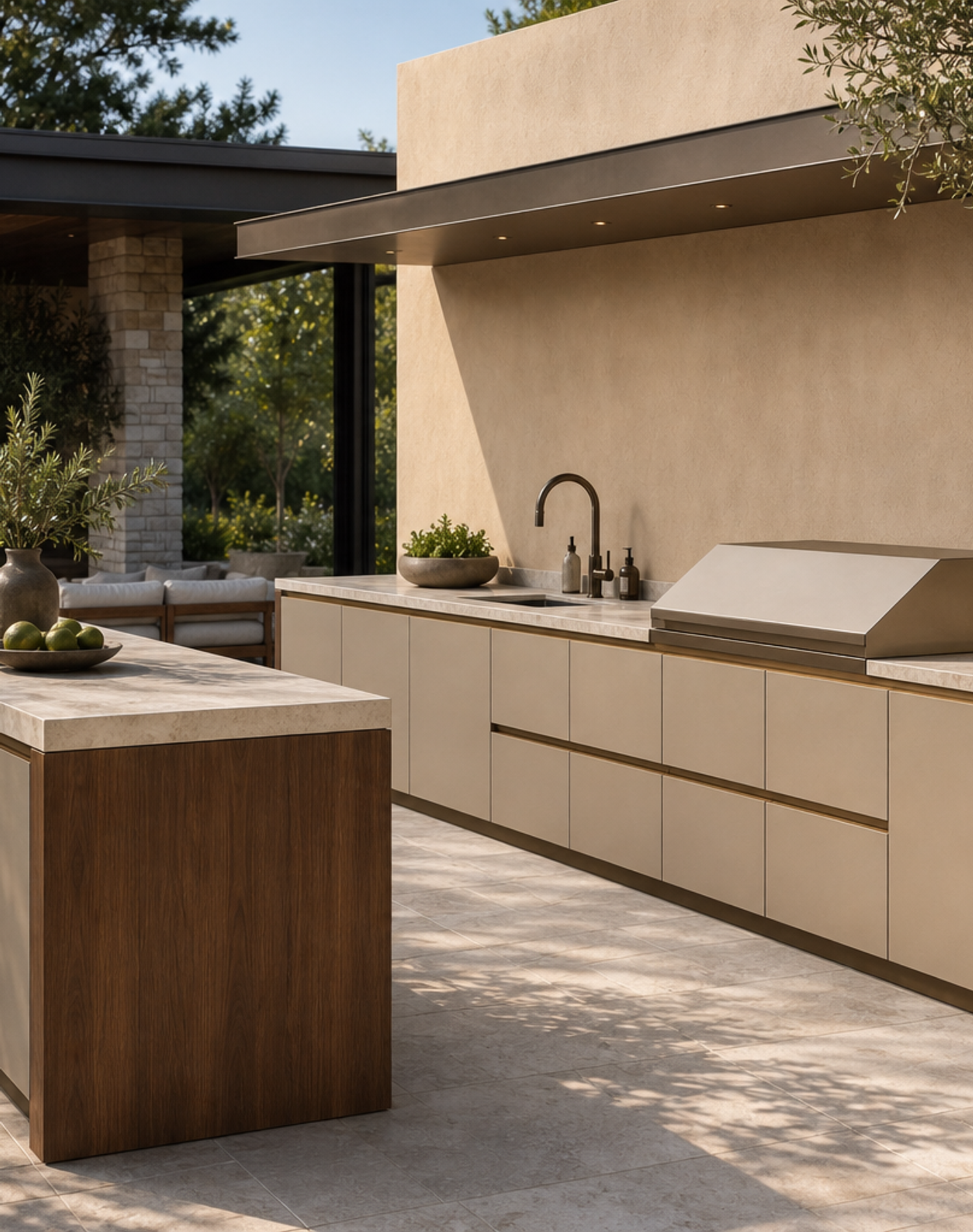 Fadior Vantage Outdoor Kitchen Suite with Pavilion Prep Wall — lifestyle setting with natural light and residential styling