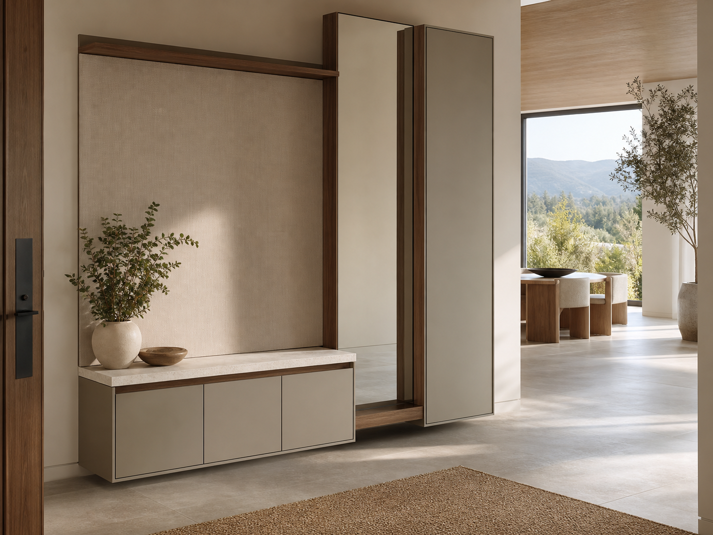 Fadior Ecliptic Entryway Suite with Floating Valet Mirror Pier — interior room context showing cabinet integration