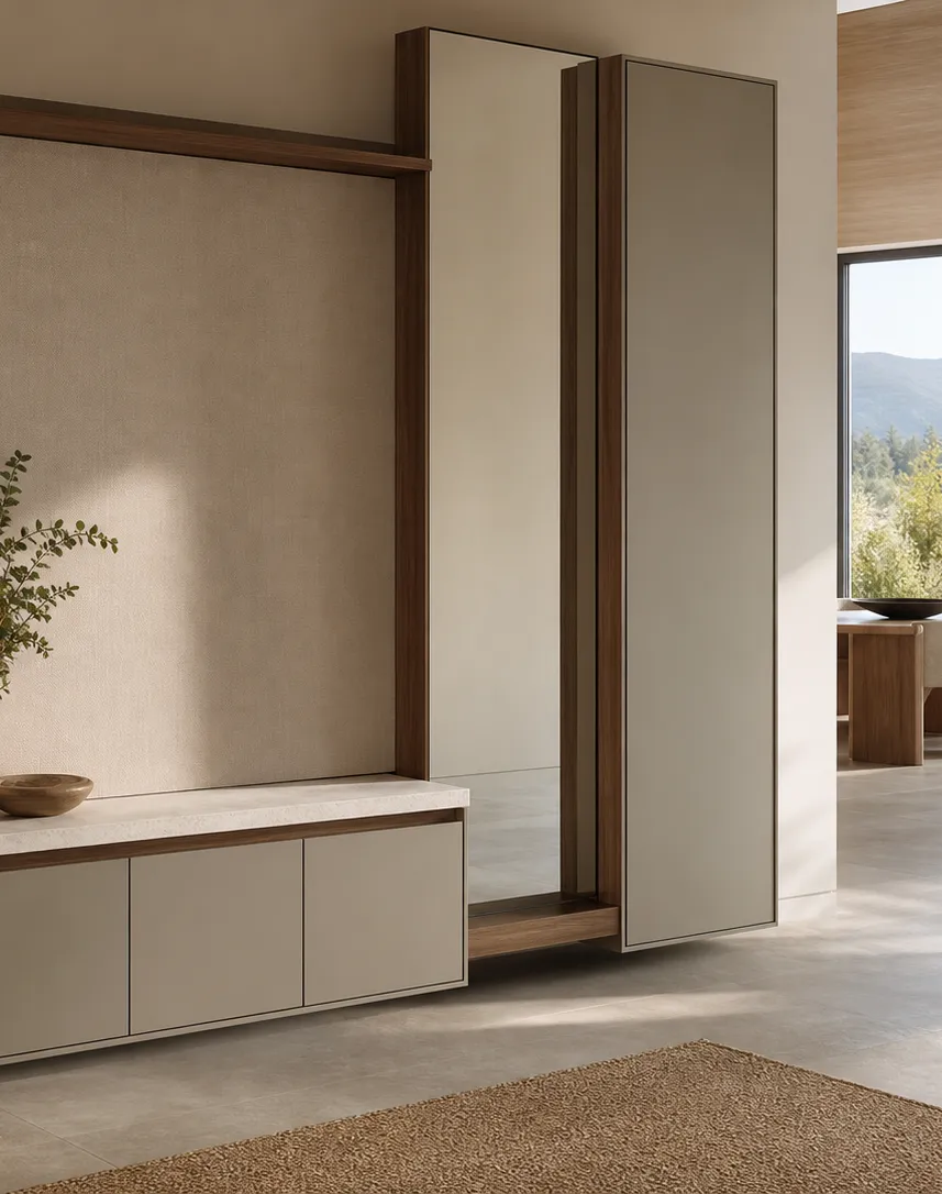 Fadior Ecliptic Entryway Suite with Floating Valet Mirror Pier — interior room context showing cabinet integration