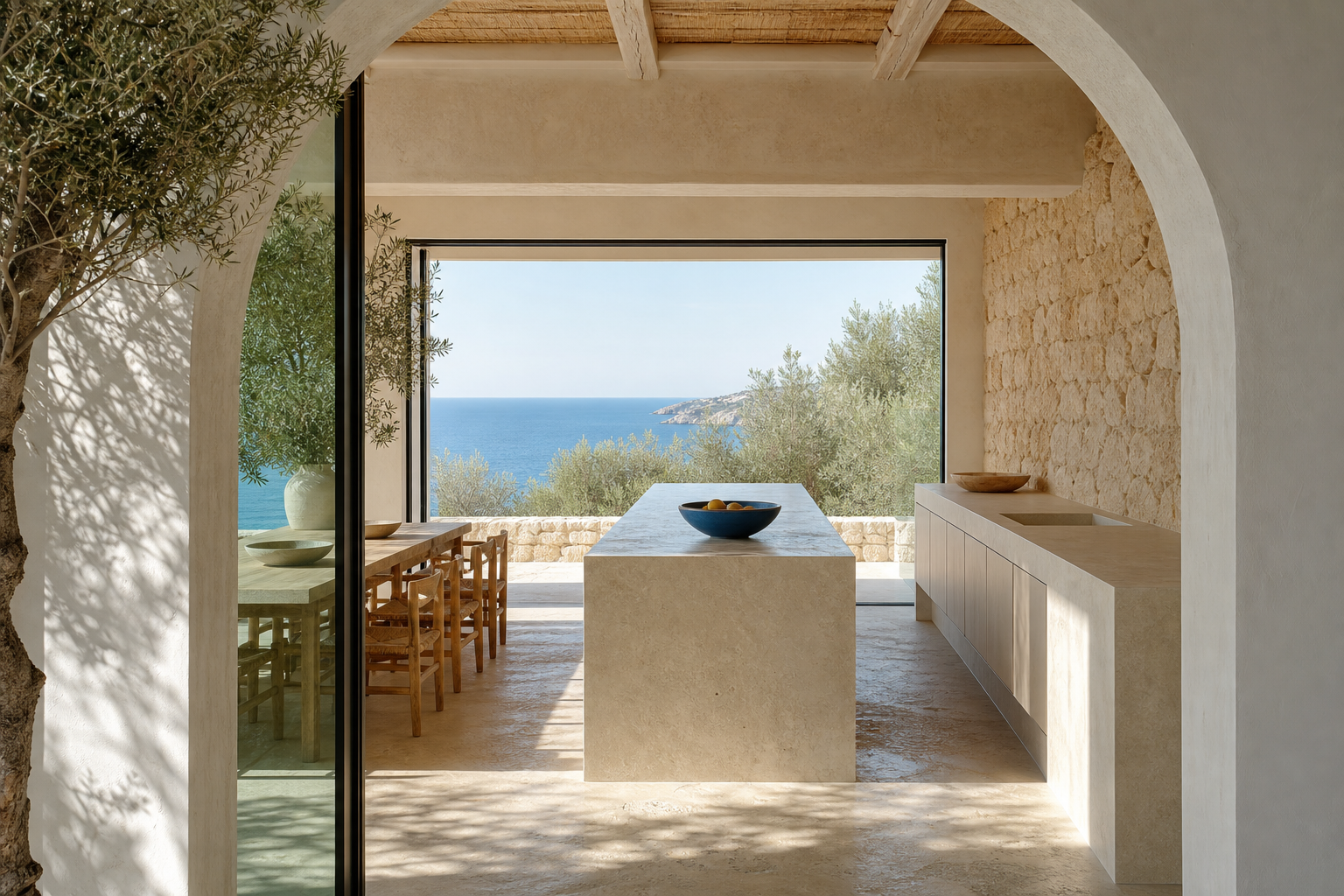 Coastal kitchen context with chalk plaster and weathered teak for calm structural honesty.