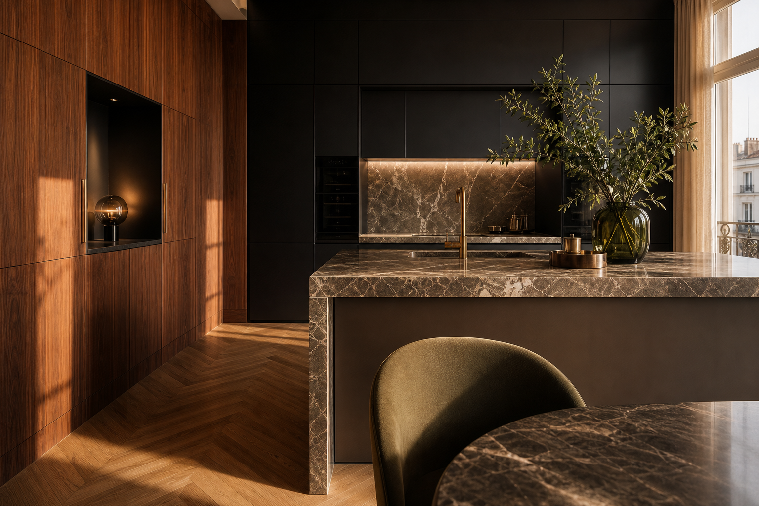 Fadior Milan 75 sqm Kitchen Penthouse - marble counter, walnut cabinet, oak floor, window light