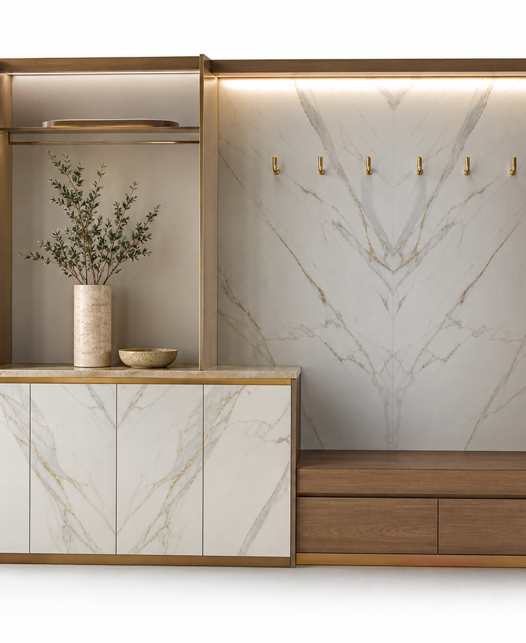 Fadior Loggia Entryway Suite with Italianate Marble Parcel Console — 304 stainless steel entryway system, front view