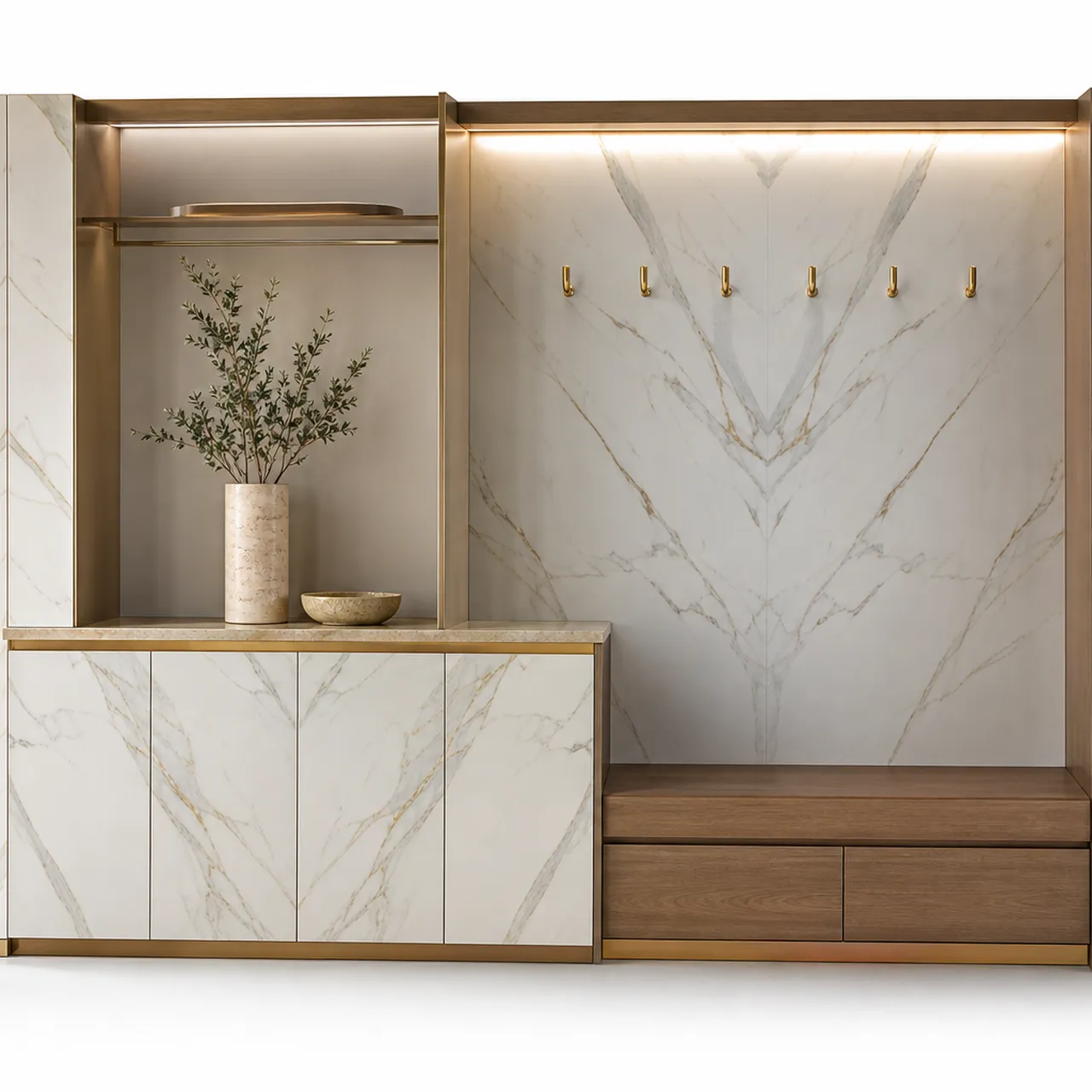 Fadior Loggia Entryway Suite with Italianate Marble Parcel Console — 304 stainless steel entryway system, front view